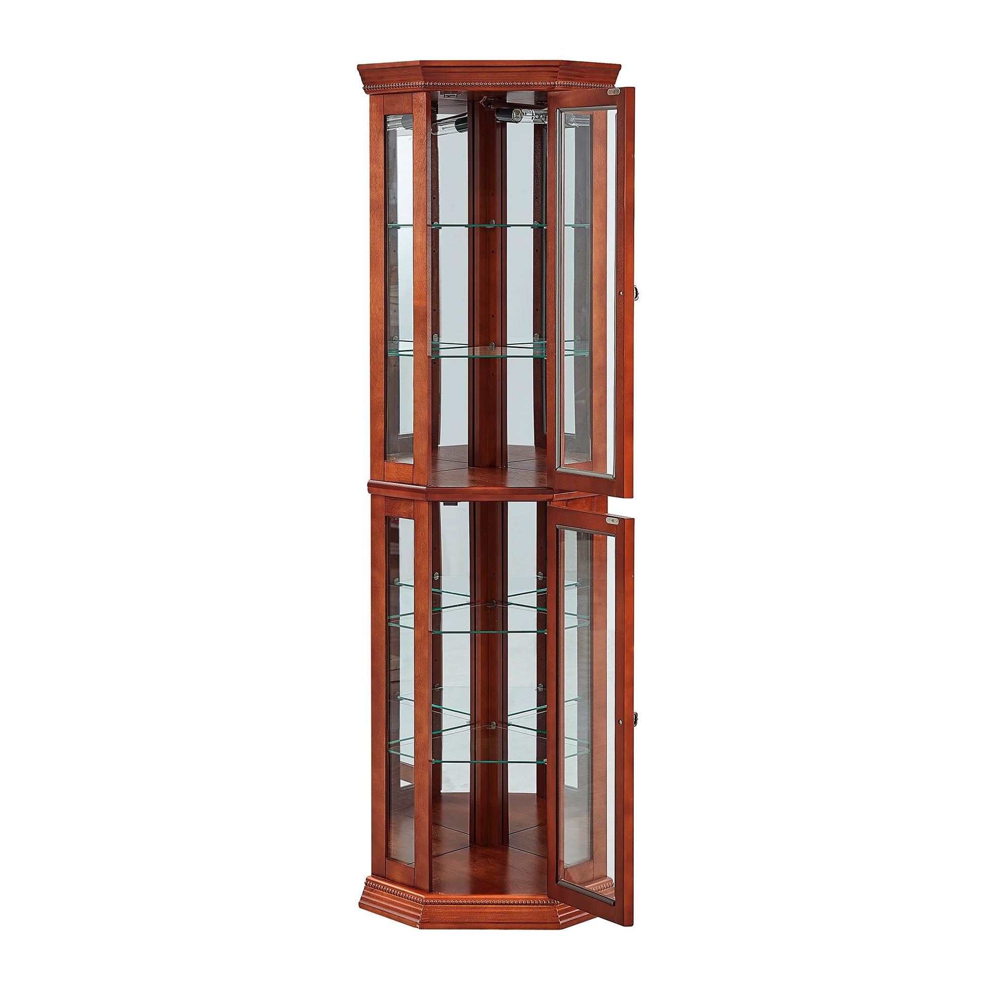 Corner Curio Cabinet With Lights, Adjustable Tempered Glass Shelves, Mirrored Back, Display Cabinet,Light Walnut E26 Light Bulb Not Included Walnut Mdf