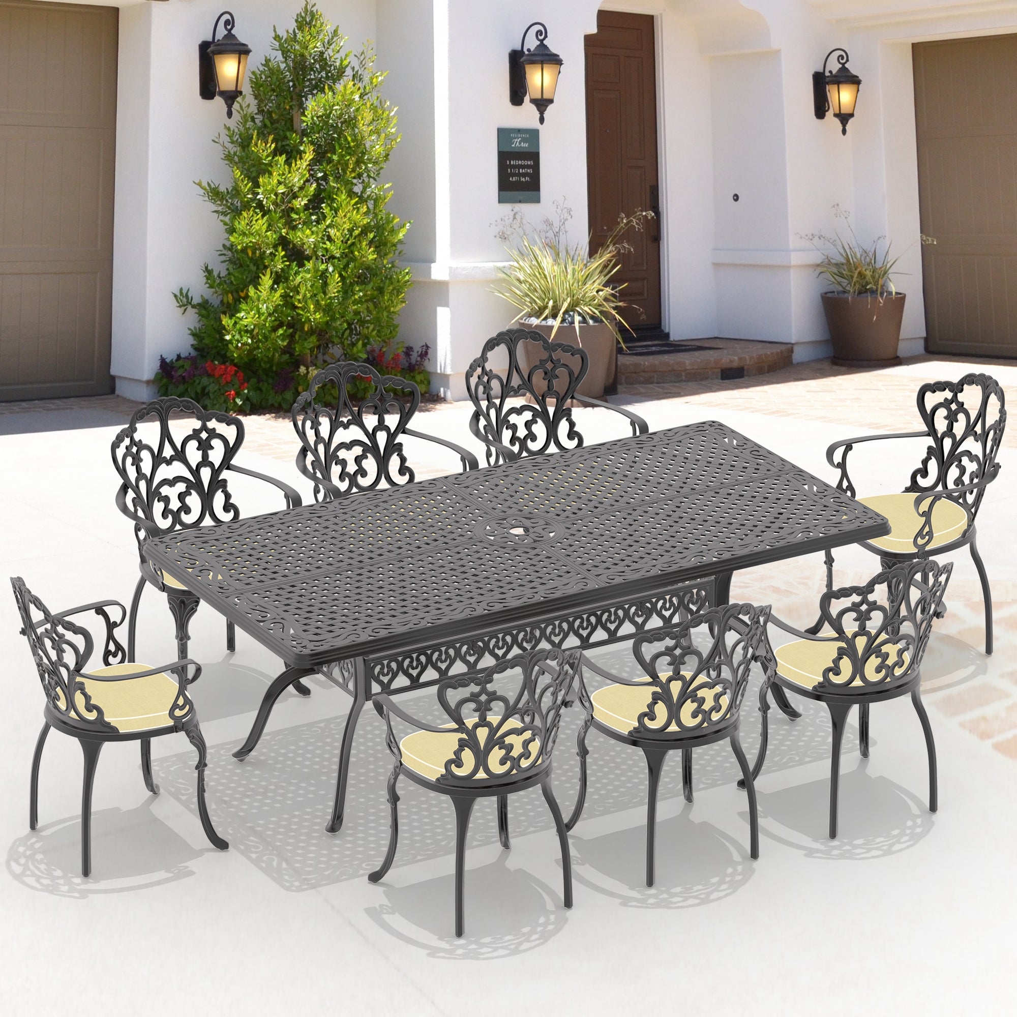 Cushions In Random Colors 9 Piece Set Of Cast Aluminum Patio Furniture With Cushions Yes Dining Set Black Seats 8 Rust Resistant Frame Water Resistant Cushion Garden & Outdoor Complete Patio Sets Aluminium