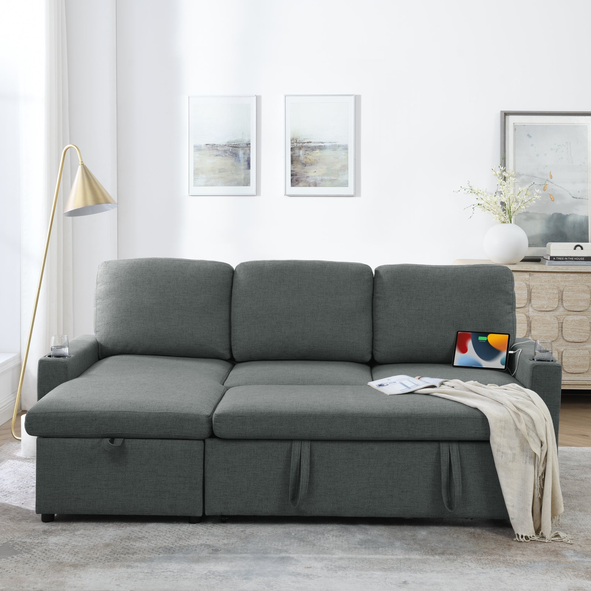 Linen Upholstered Sleeper Sectional Sofa, Shaped Modular Convertible Sofa With Storage Chaise,Side Armrests With Cup Holders,Pull Out Sleep Couch Bed ,Usb Port On The Right,Grey Full Grey Linen