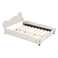 Queen Size Velvet Platform Bed With Bear Shaped Headboard, With Bed End Storage Pocket, Beige Queen Beige Plywood