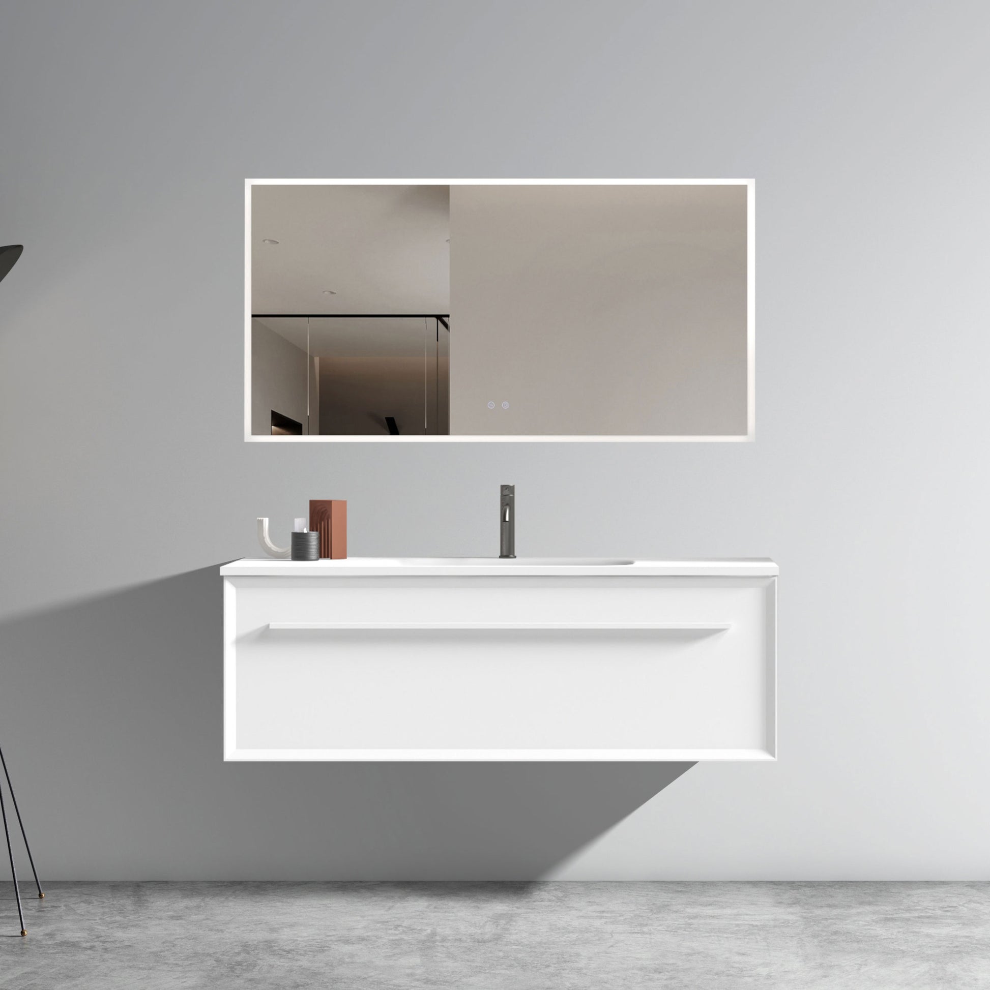 U051 Nevia48W 206 Nevia 48" Matt Snow White Bathroom Vanity With White Solid Surface Sink, Wall Mounted Floating Bathroom Vanity For Modern Bathroom, One Piece White Basin Without Drain, Pre Assembled White Bathroom Modern Plywood