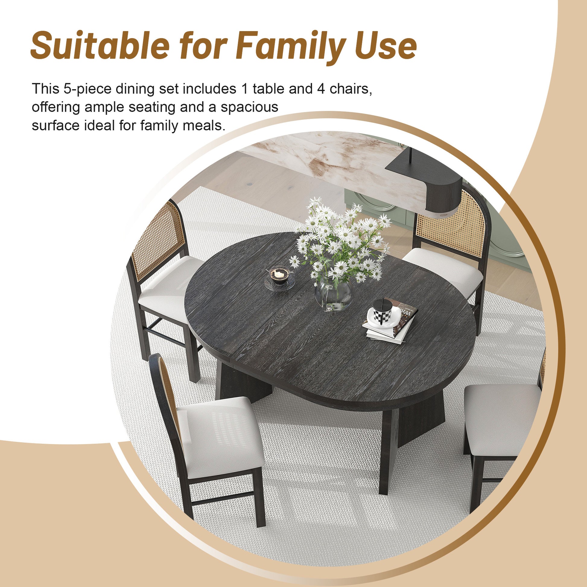 5 Piece Retro Functional Dining Set With 1 Extendable Dining Table And 4 Upholstered Chairs With Rattan Backrests For Dining Room And Kitchen Espresso Espresso Solid Wood Mdf