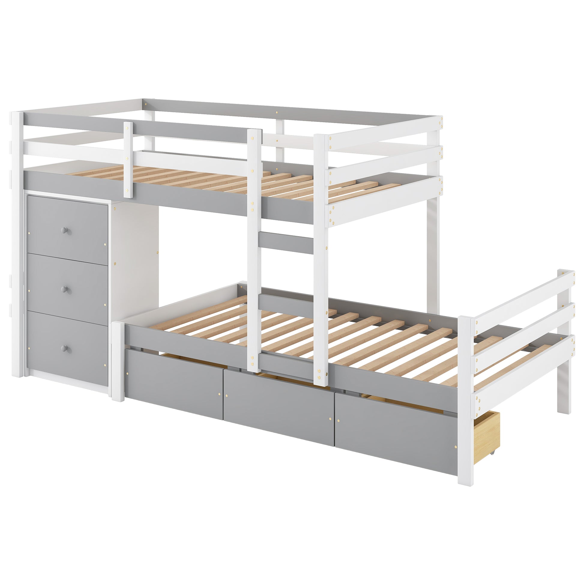 Twin Over Twin Loft Bunk Bed With Drawers And Ladder, Gray Twin Gray Pine