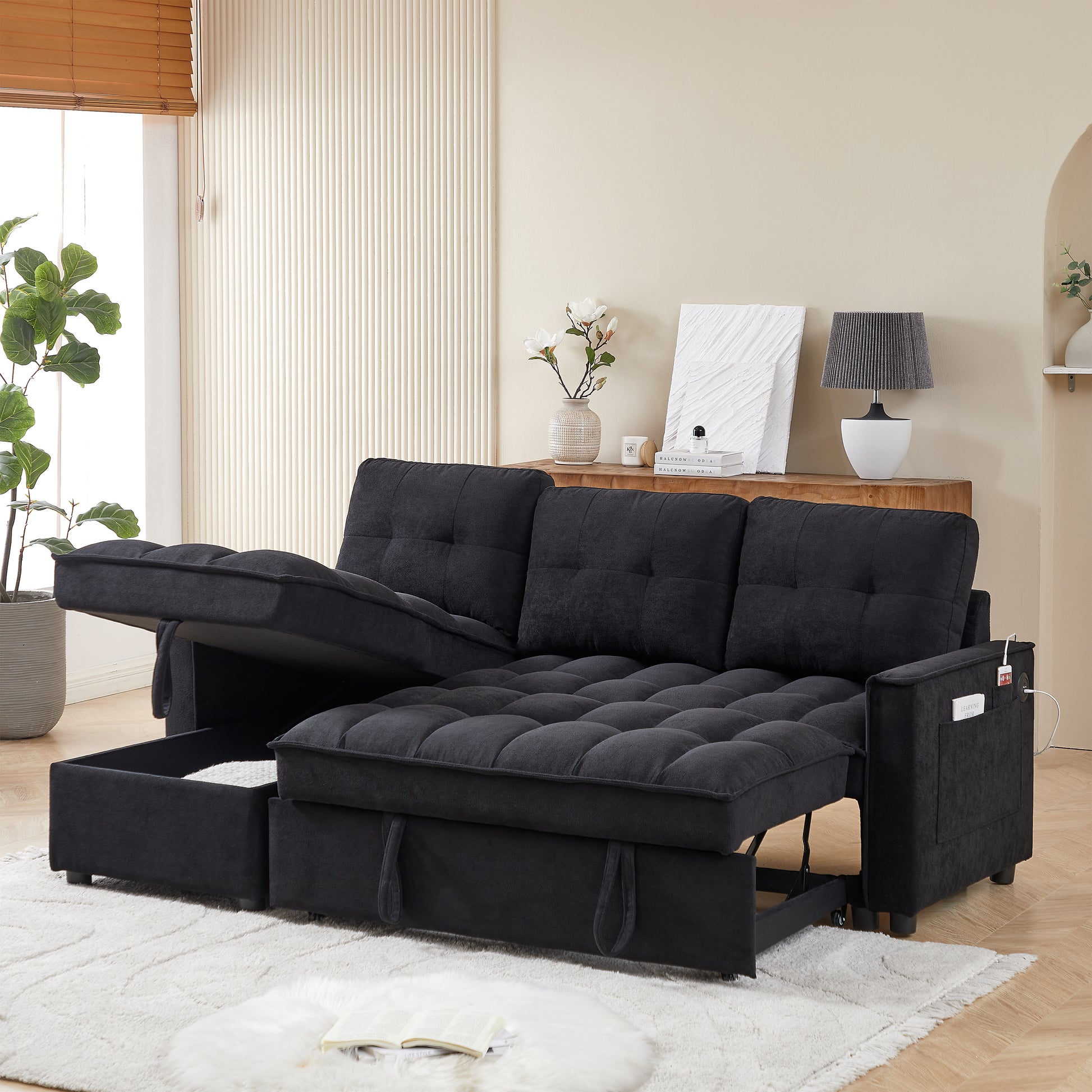 Mh 78.75" Reclining Sofa, Pull Out Sofa Bed With Usb And Tape C Charging Ports, L Shaped Sectional Sofa With Reclining Storage And Arm Side Organizer Pocket Features, Living Room Comfort Sofa Black