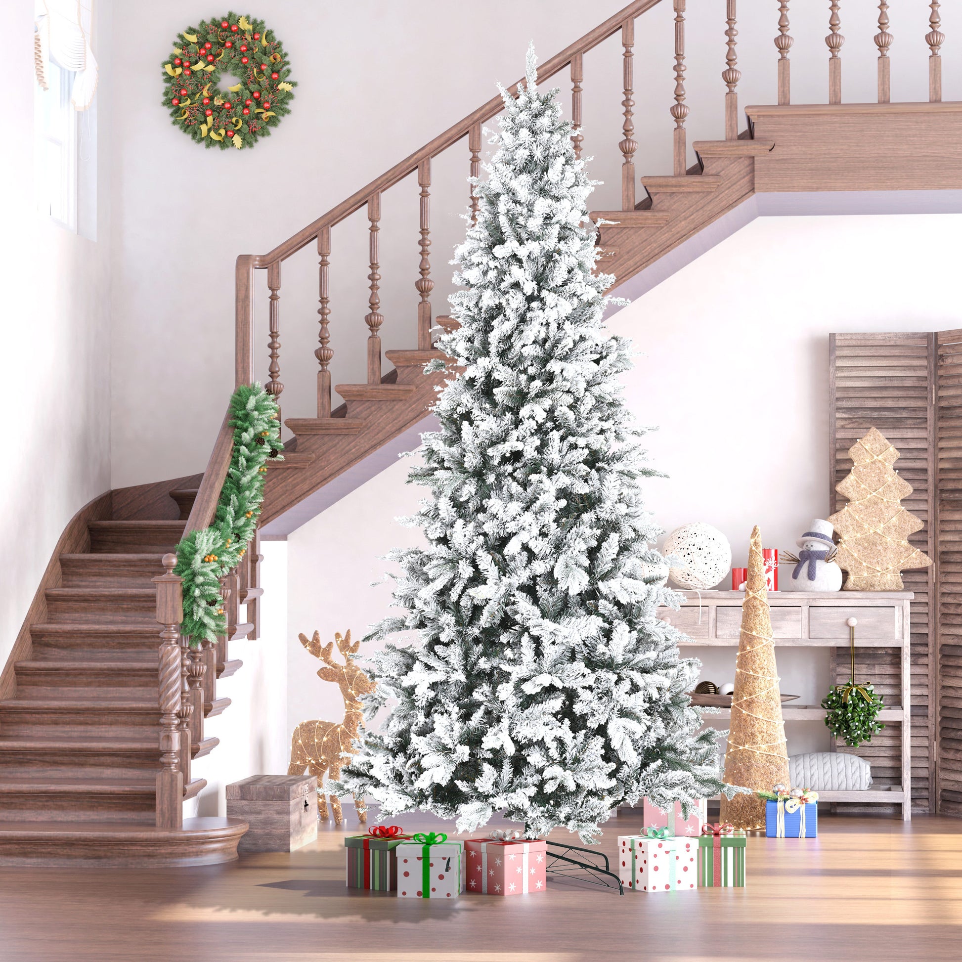 Homcom 9 Foot Pine Snow Flocked Artificial Christmas Tree With 616 Realistic Cedar Branches, Auto Open, Home Holiday Decoration, Green Green Plastic