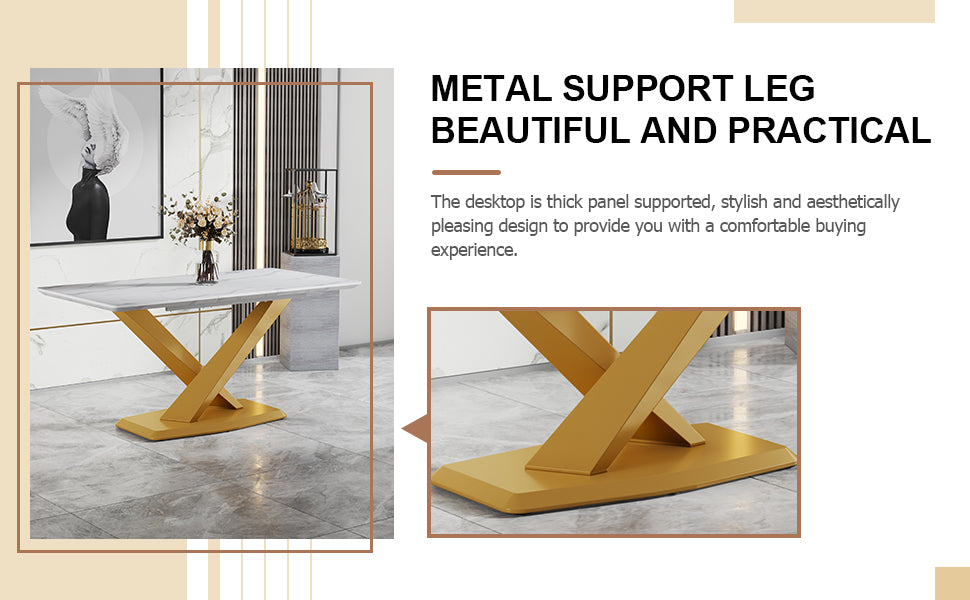 Table And Chair Set, The Table Is Equipped With A Marble Patterned Mdf Tabletop And Gold Table Legs.Dining Chairs,Gold Legged Upholstered Chairs Made Of Artificial Leather. Black Gold Seats 6 Mdf