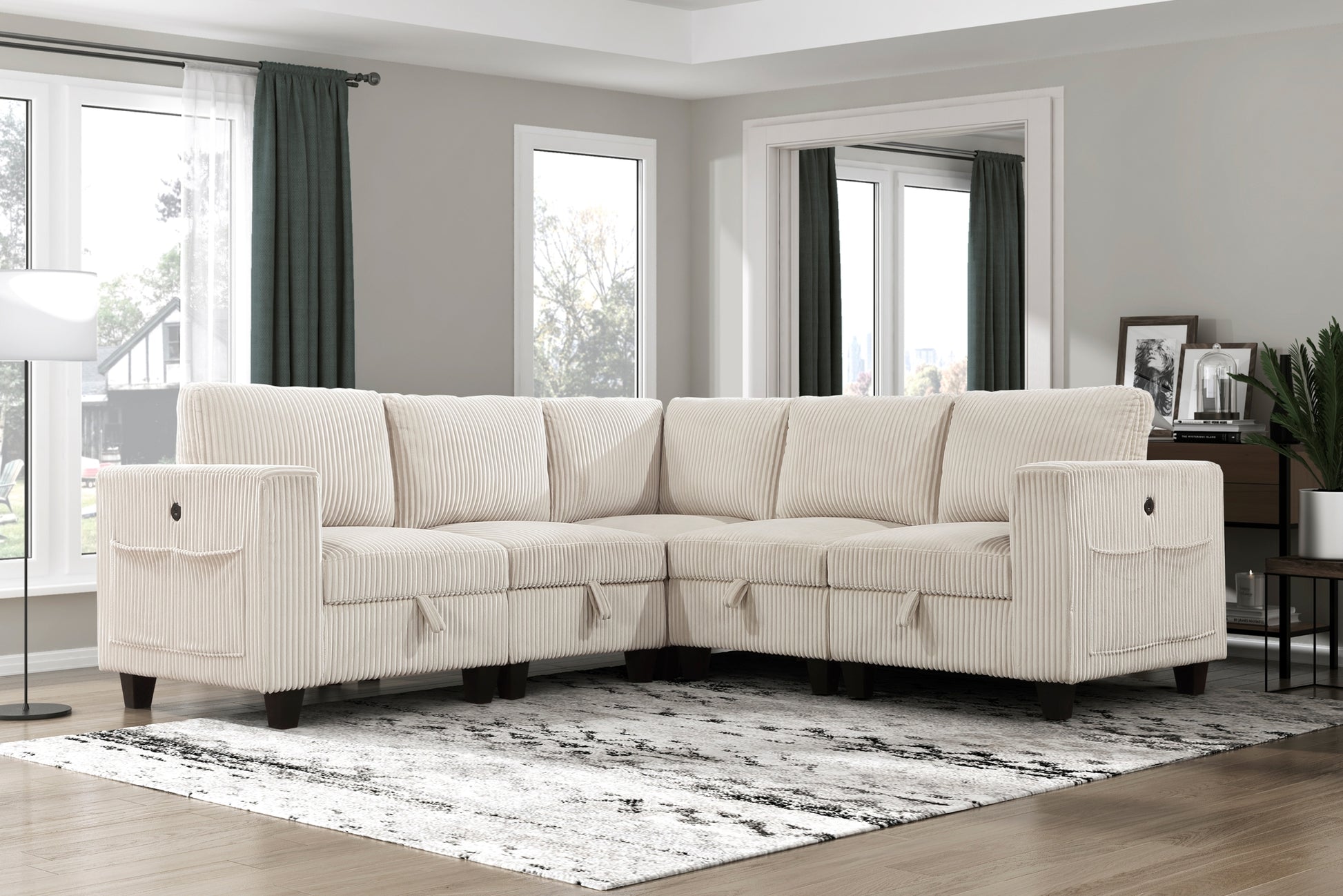 5 Piece Modular Sectional With Storage Seats, Side Pockets, Charging Ports Beige Corduroy Fabric Modern Living Room Sectional Couch Solid Wood Furniture Beige Polyester Wood Primary Living Space Modern Solid Wood 5 Seat