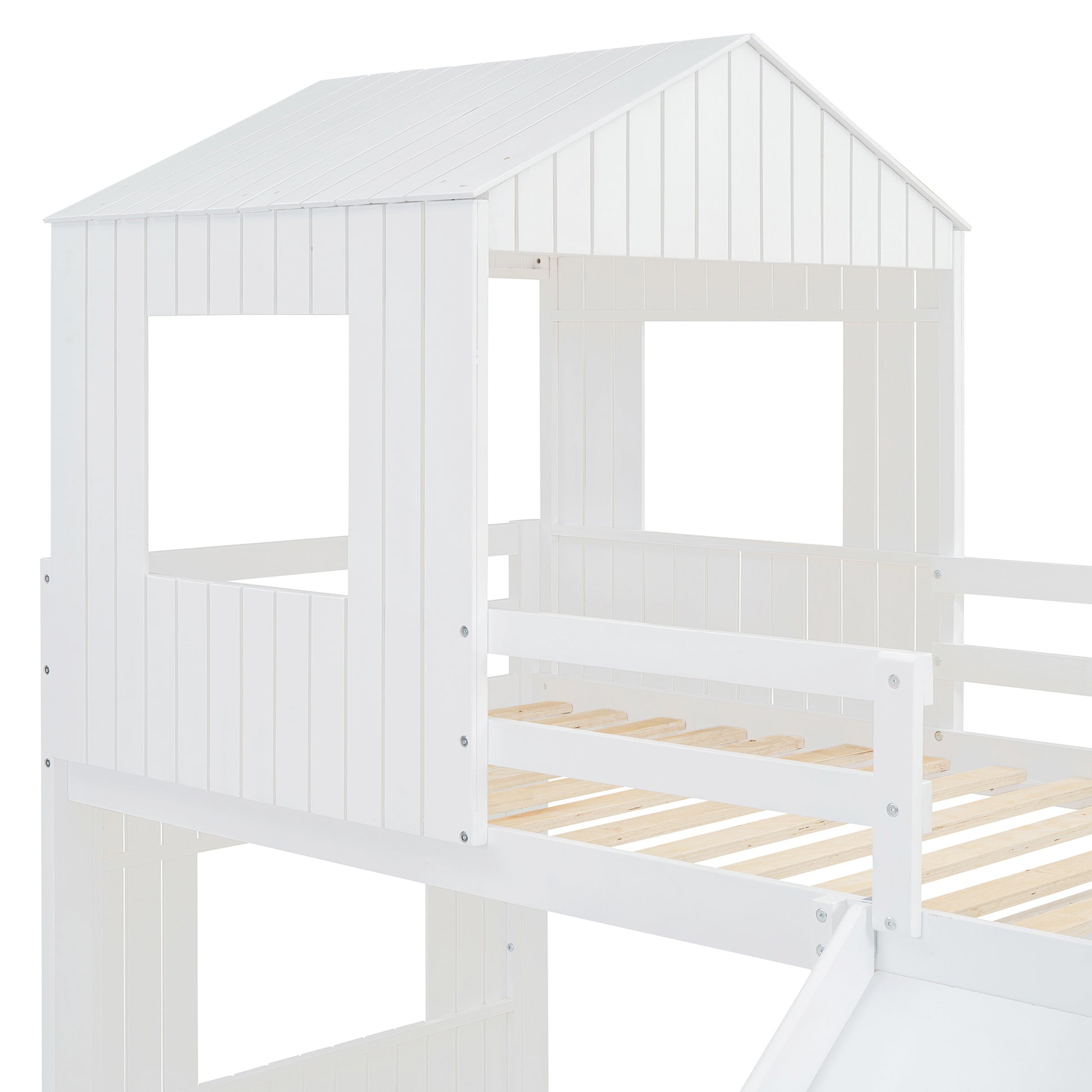 Wooden Twin Over Full Bunk Bed, Loft Bed With Playhouse, Farmhouse, Ladder, Slide And Guardrails, White Old Sku :Lt000028Aak Twin White Solid Wood