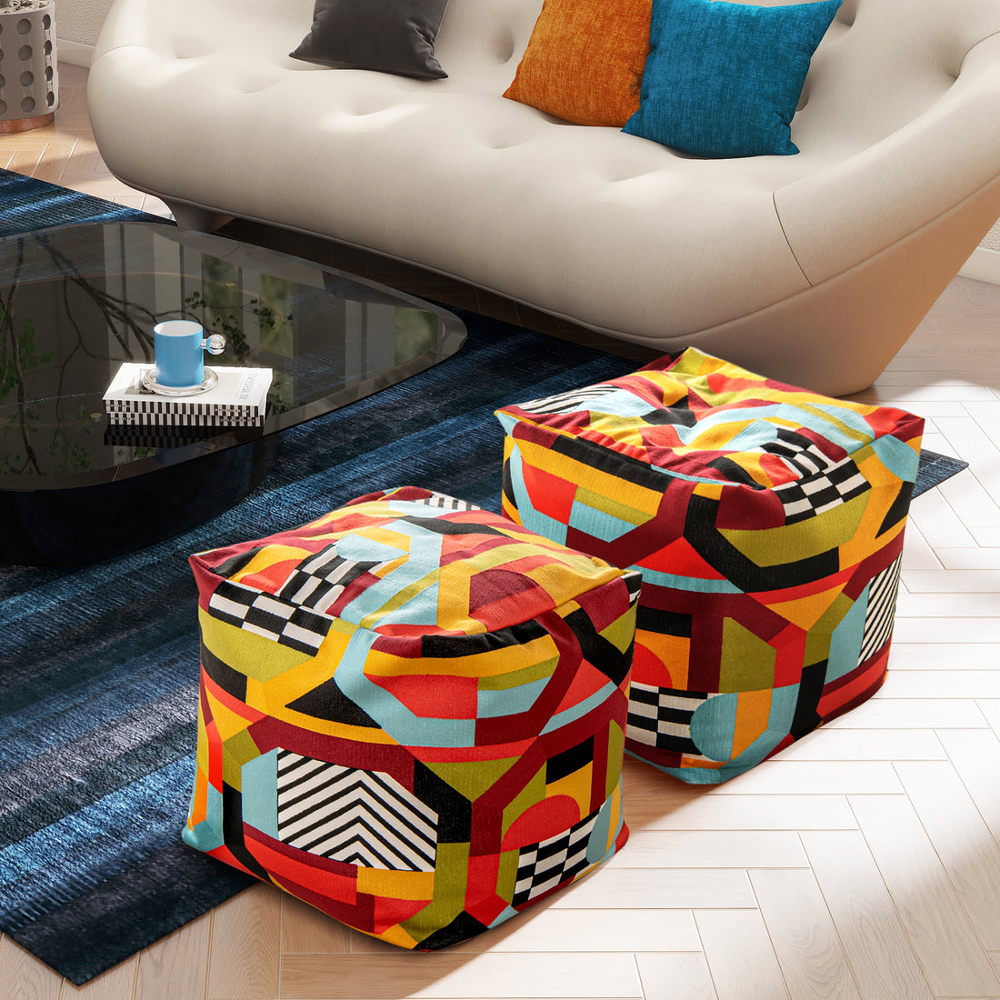 Pouf 20" Luxury Oversized Bean Bag Cube Ottoman, Colorpop Multicolored Embroidery Multicolor Polypropylene Fabric