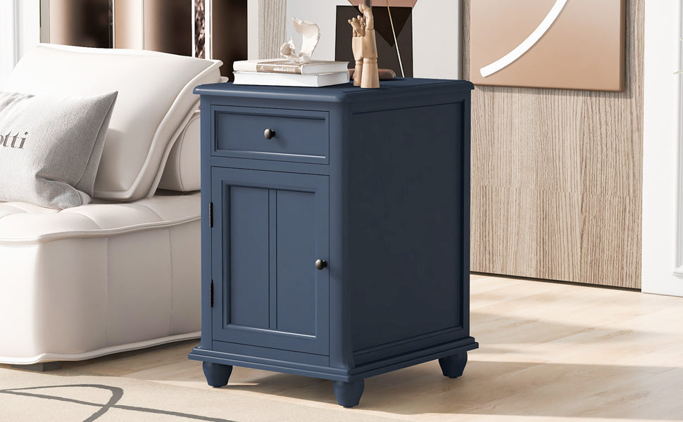 End Table With Solid Wood Legs, Side Table With Usb Ports, 1 Storage Cabinet And 1 Drawer For Living Room, Antique Navy Antique Navy Solid Wood Mdf