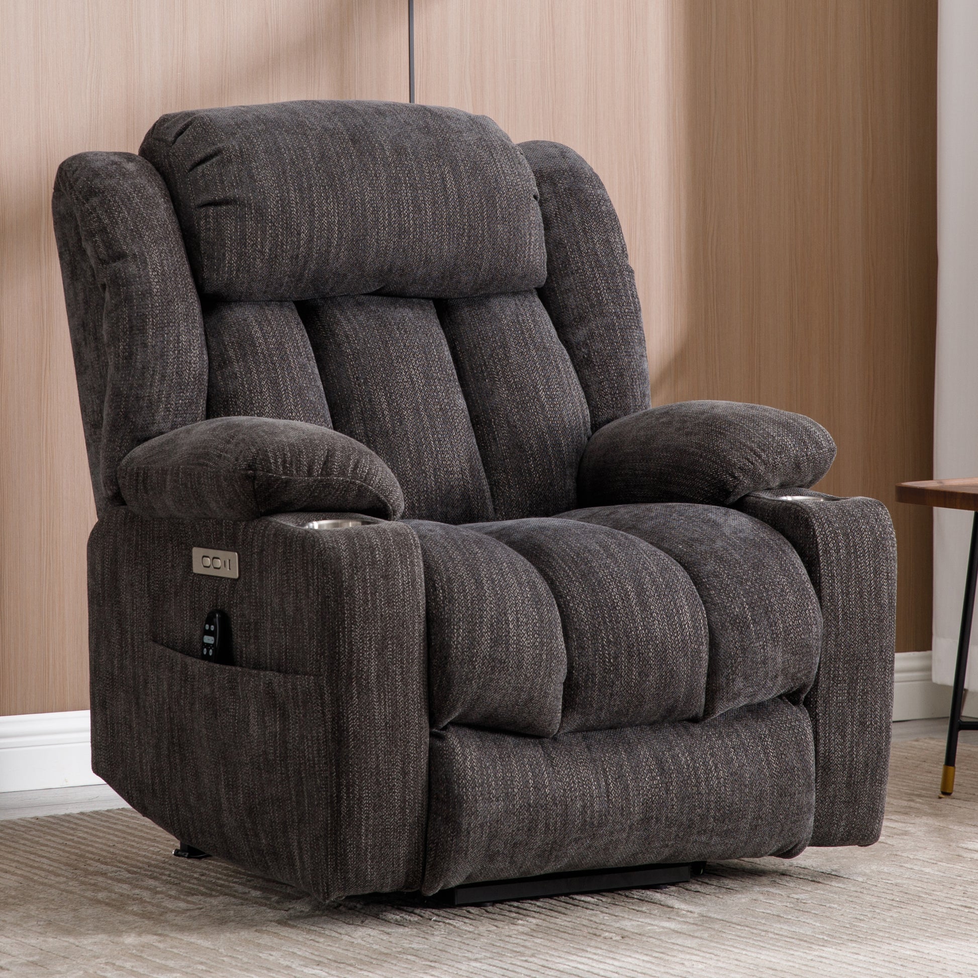 Up To 350 Lbs Chenille Power Lift Recliner Chair, Heavy Duty Motion Mechanism With 8 Point Vibration Massage And Lumbar Heating, Usb And Type C Ports, Stainless Steel Cup Holders, Grey White Metal Primary Living Space Heavy Duty Pine Grey Chenille Power