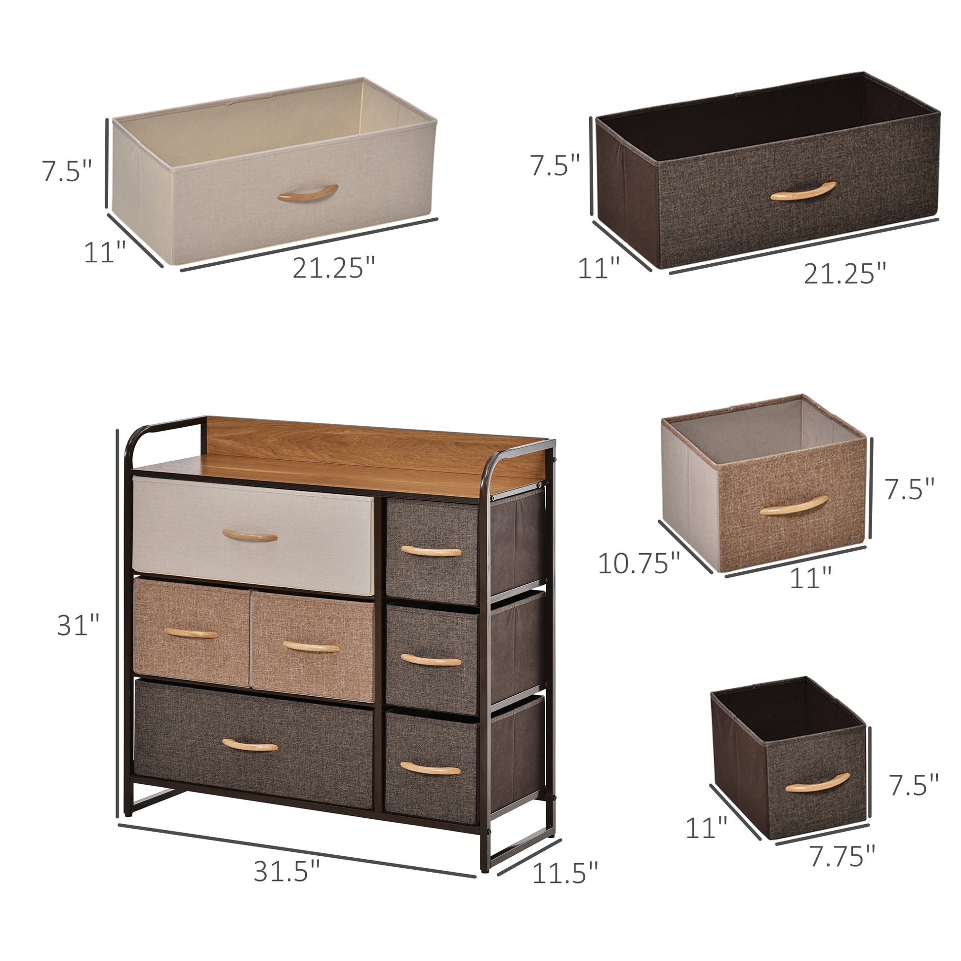 Homcom 7 Drawer Dresser, Fabric Drawers, 3 Tier Storage Organizer For Bedroom Entryway, Tower Unit With Steel Frame Wooden Top, Maple Wood Brown Mdf