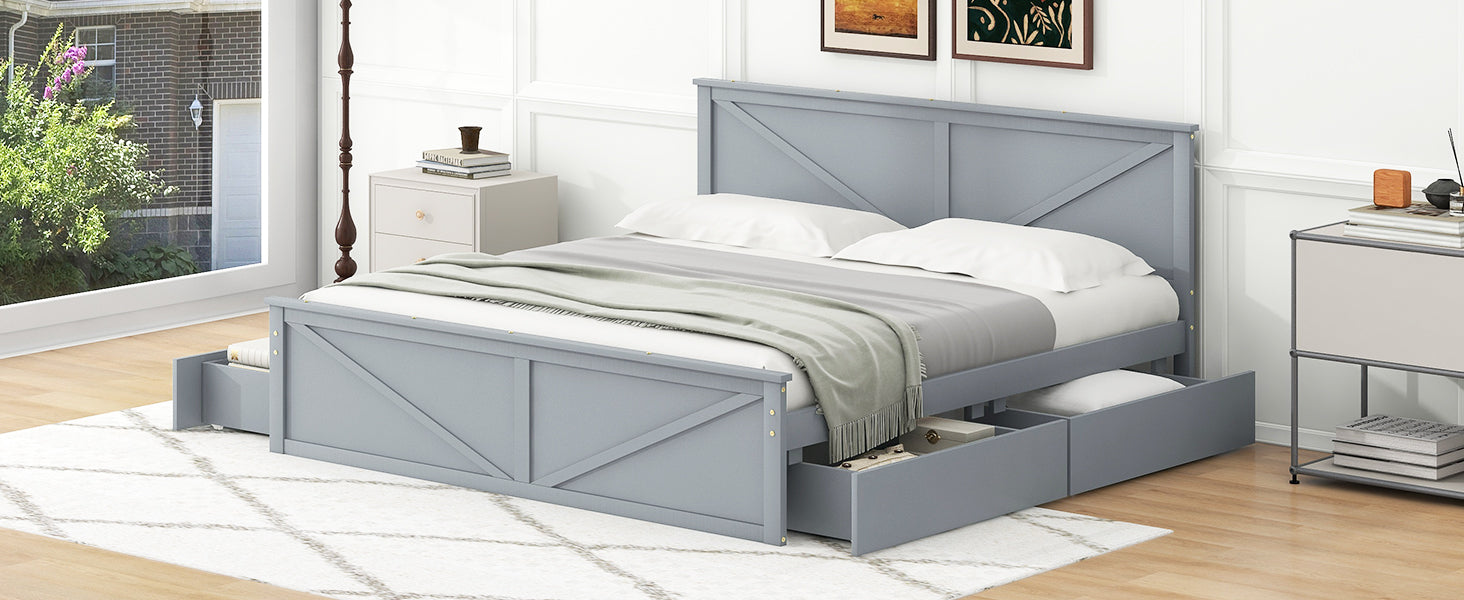 King Size Wooden Platform Bed With Four Storage Drawers And Support Legs, Gray King Gray Pine