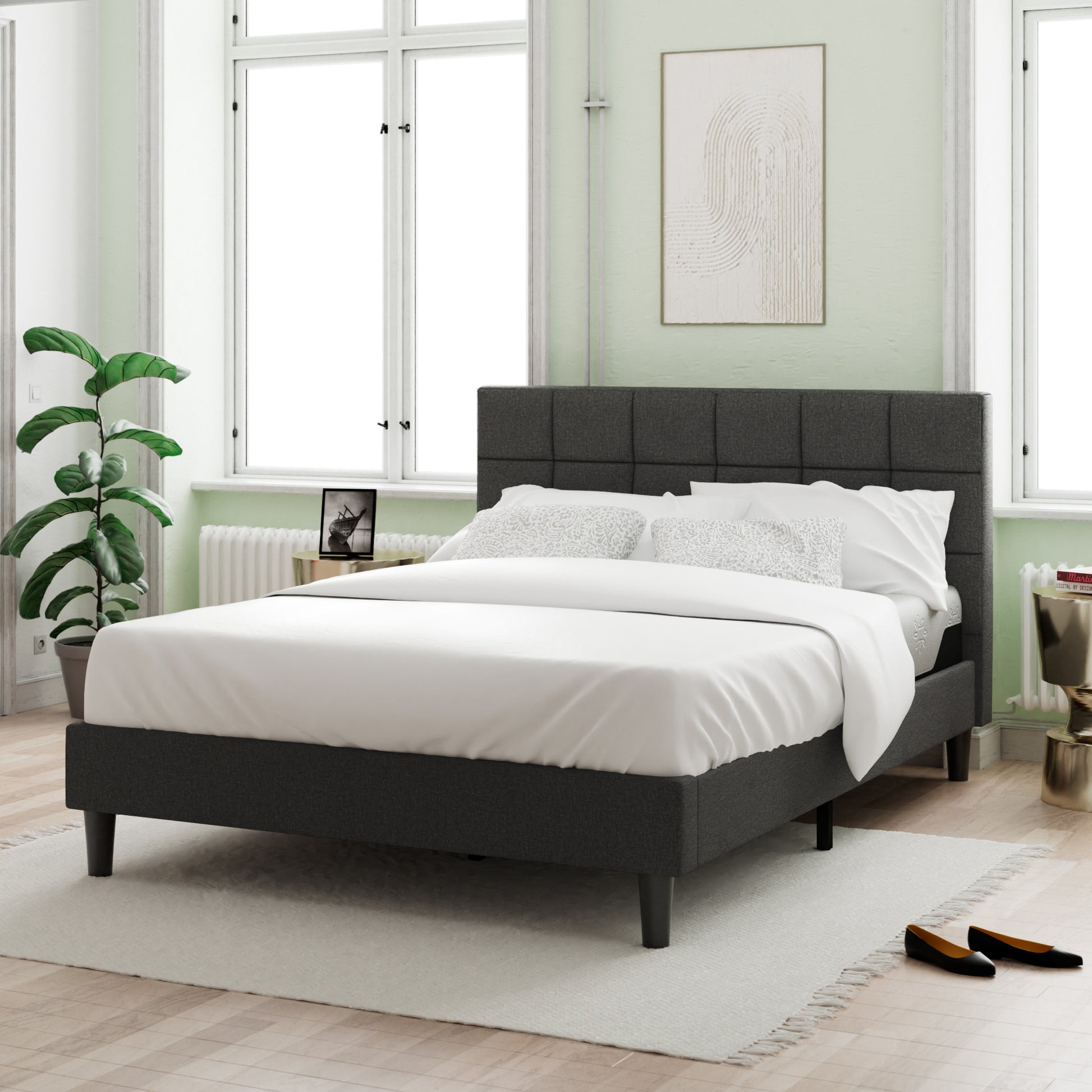 Upholstered Platform Bed Square Stitch Full Grey Wood Upholstered