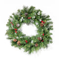 2 Packed 24'' Glitter Bristle Mixed Wreath With With 9 Red Berry And 9 Pine Cones And 50 Warm White Led Lights With Timer Battery Operated Outdoor, 150 Tips Green Pvc