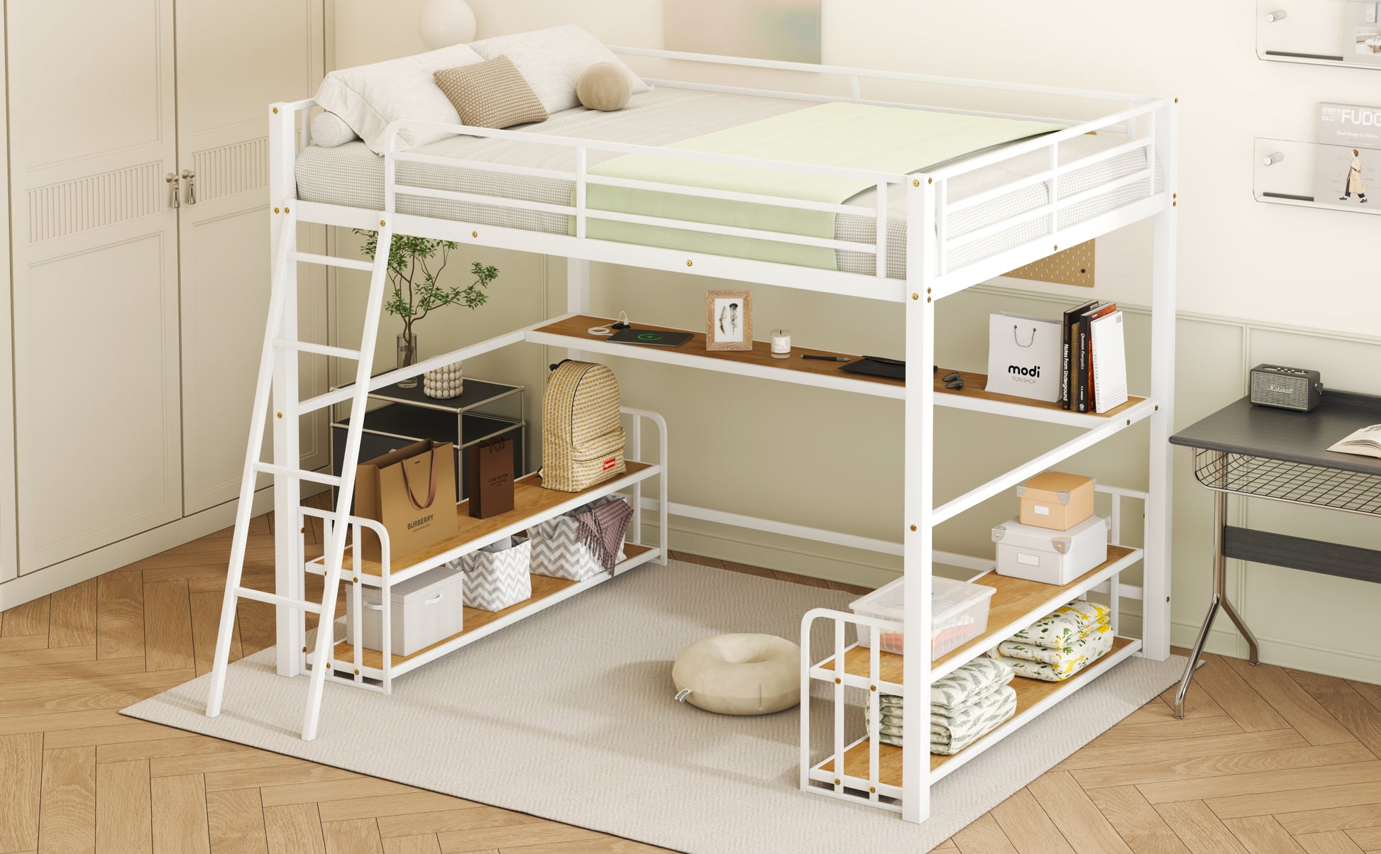 Full Size Metal Loft Bed With Desk, Storage Shelves And Charging Station, White Box Spring Not Required Full White Metal Mdf Metal