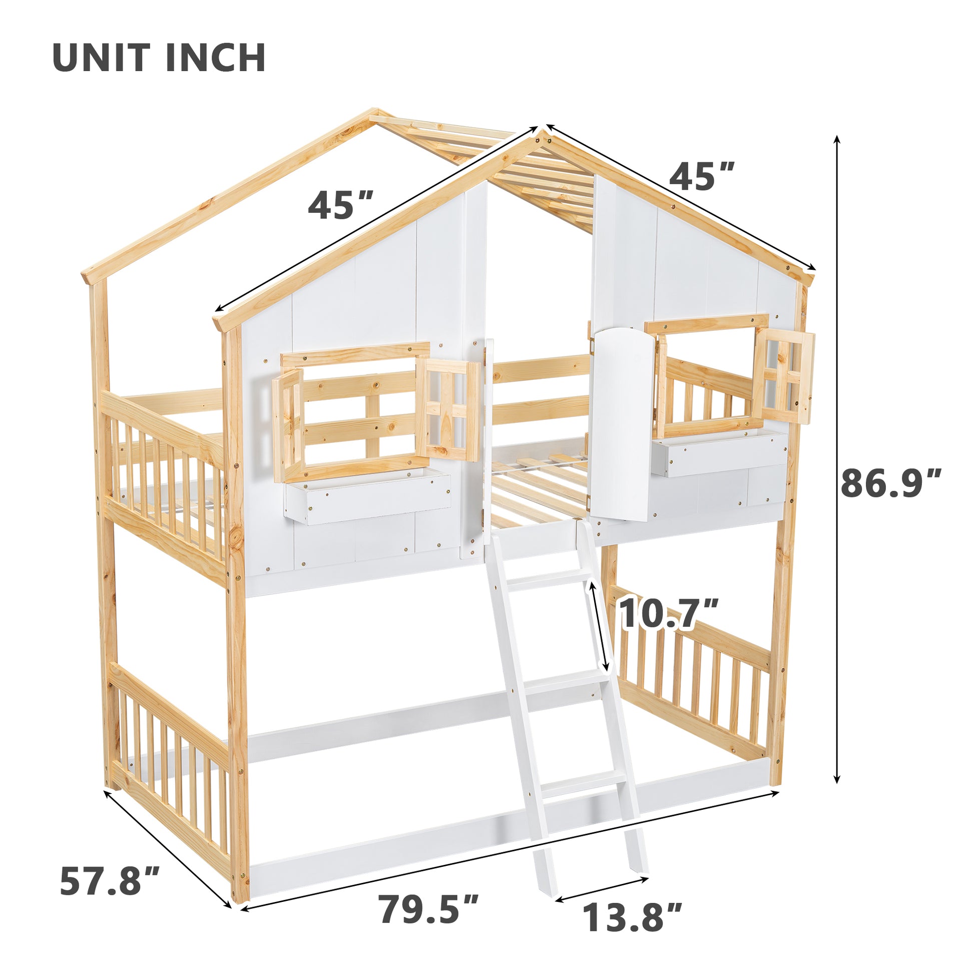 Twin Over Twin House Bunk Bed With Roofwindow, Window Box, Doorwith Safety Guardrails And Ladder, Natural White Twin Natural White Pine