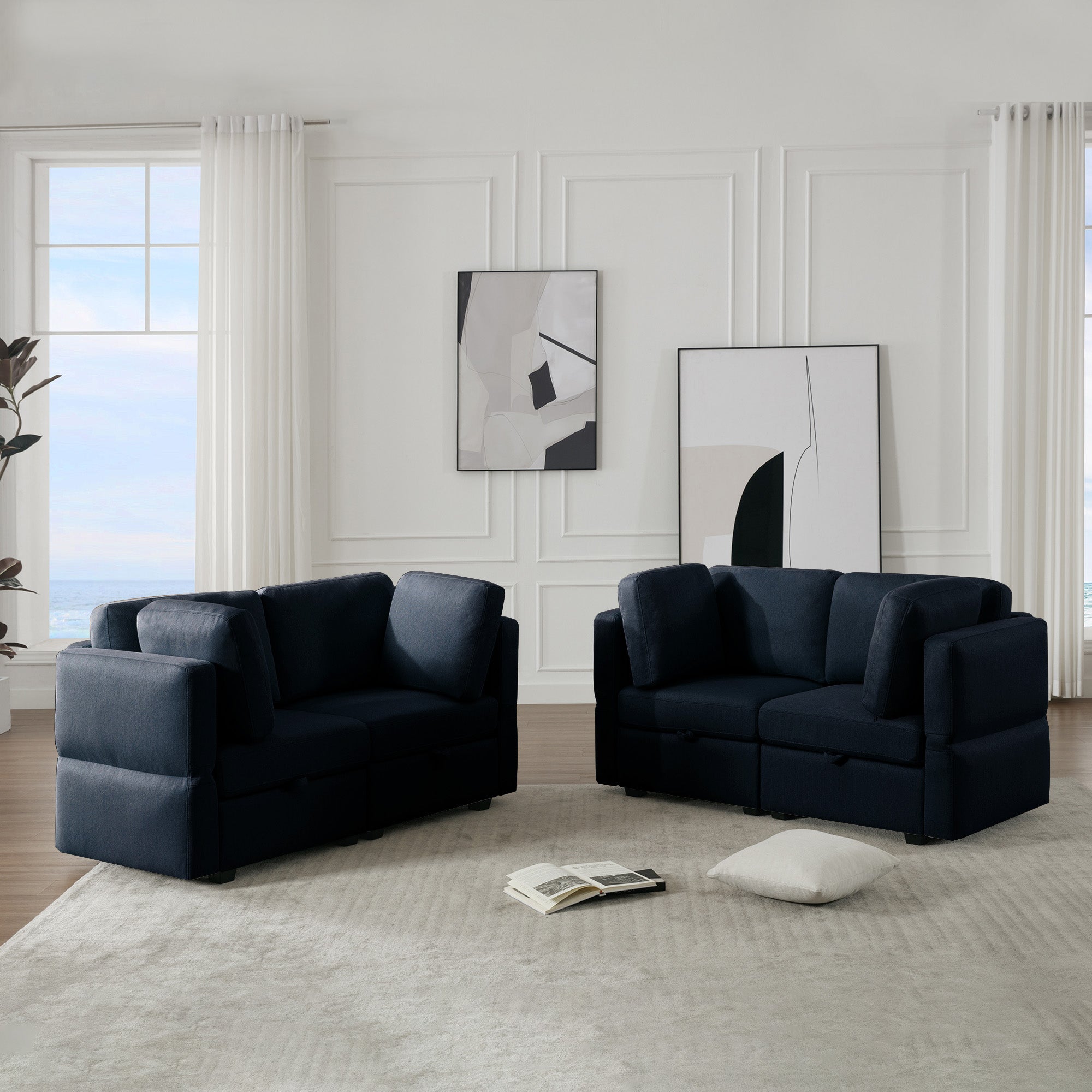 Living Room Furniture Sets, 2 Piece Comfy Upholstered Sofa Couch Set, Mid Century Modern Loveseat Sofa Sets With Storage Space Small Spaces Under Seats, Adjustable Arms And Backs Blue Blue Polyester 4 Seat