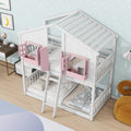 Twin Over Twin House Bunk Bed With Roofwindow, Window Box, Doorwith Safety Guardrails And Ladder, Pink White Twin Pink White Pine