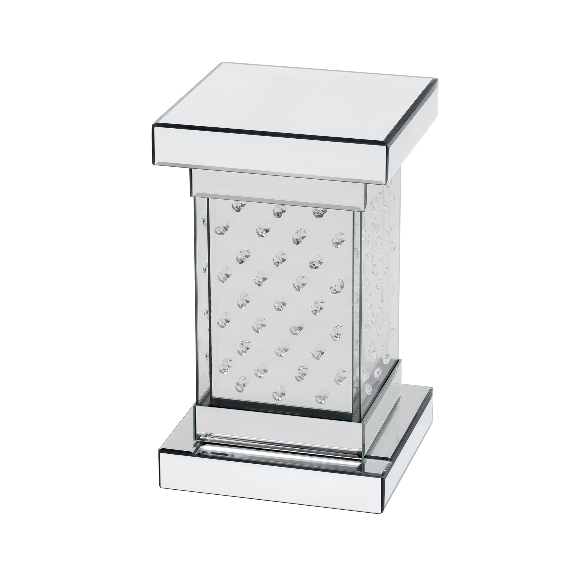 11.8'' Silver Square Mirrored End Table With Led Lights, Modern Side Table With Crystal Inlay For Living Room, No Assembly Required Silver Mirrored Finish Luxury,Modern Square Mdf Glass