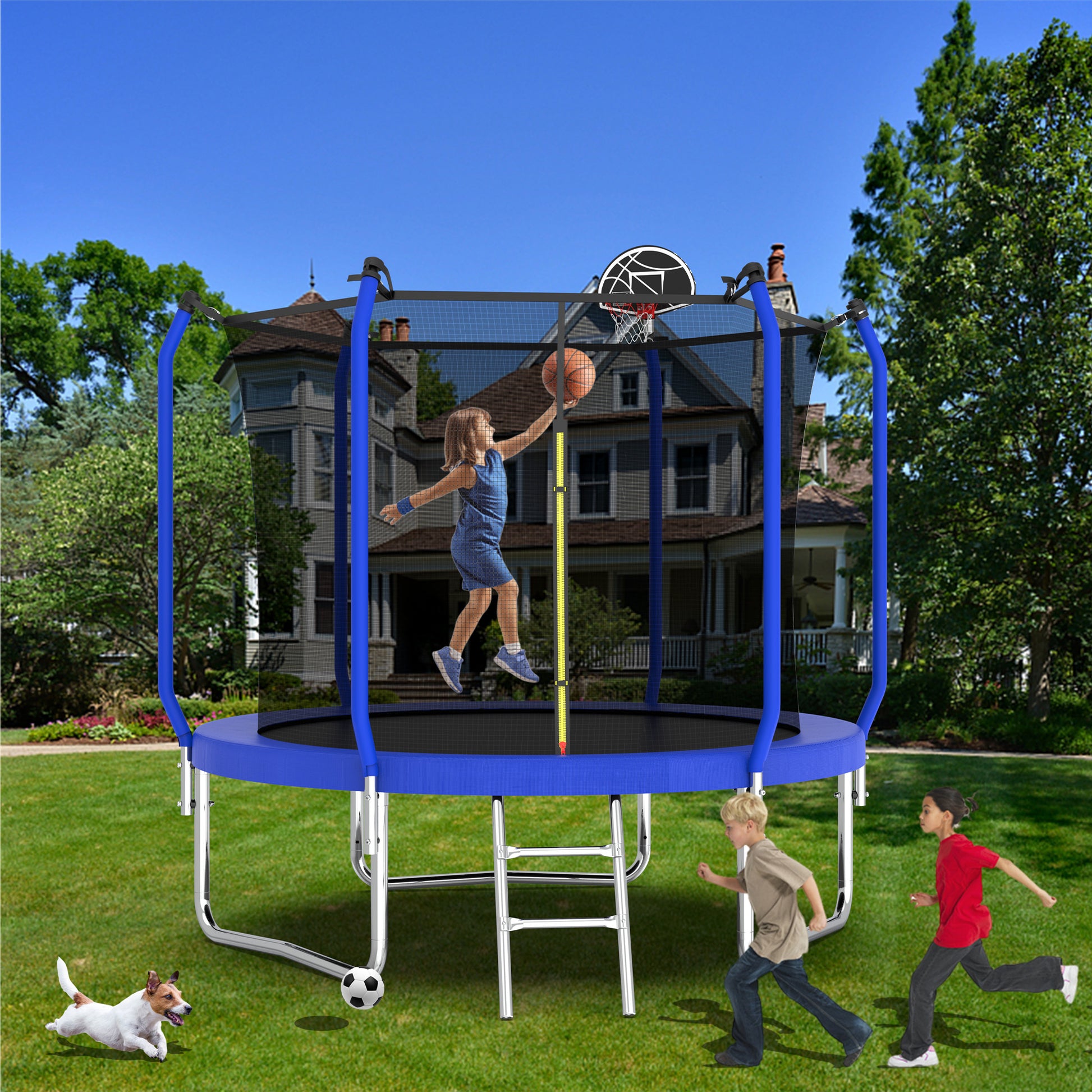 8Ft Trampoline With Basketball Hoop, Astm Approved Reinforced Type Outdoor Trampoline With Enclosure Net Blue Steel