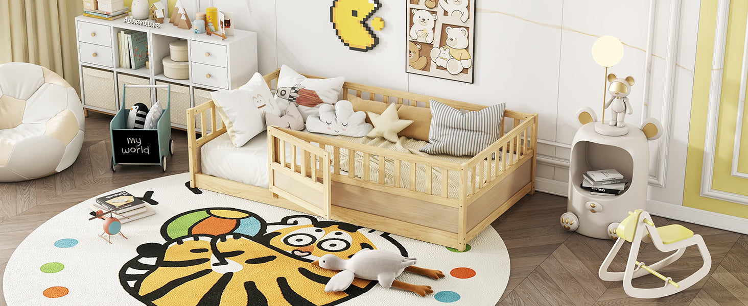 Twin Size Floor Bed, Integral Construction With Super High Security Barrier, Door, Children'S Floor Bed Frame, Montessori Wooden Children'S Floor Bed, Support Slat Natural Wood Box Spring Required