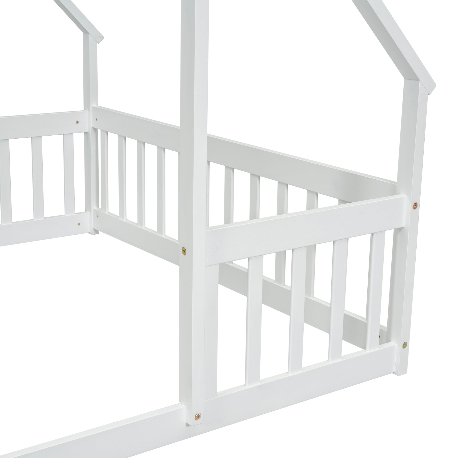 Full Wood House Shaped Floor Bed With Fence, Guardrails,White Full White American Design Pine