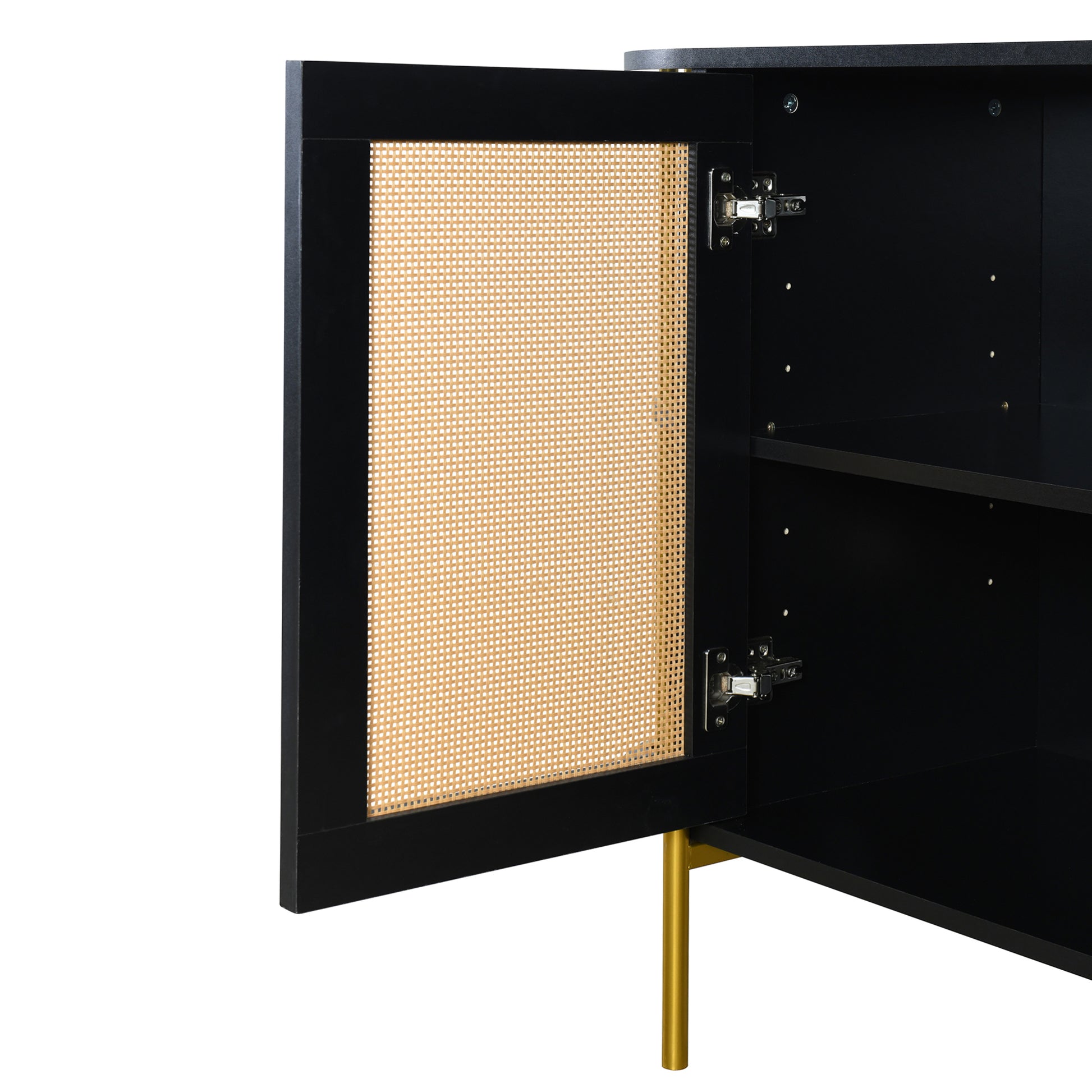 2 Door Elegant Curved Dining Cabinet With Gold Trim And Woven Rattan Doors For Dining Room Black Black Particle Board