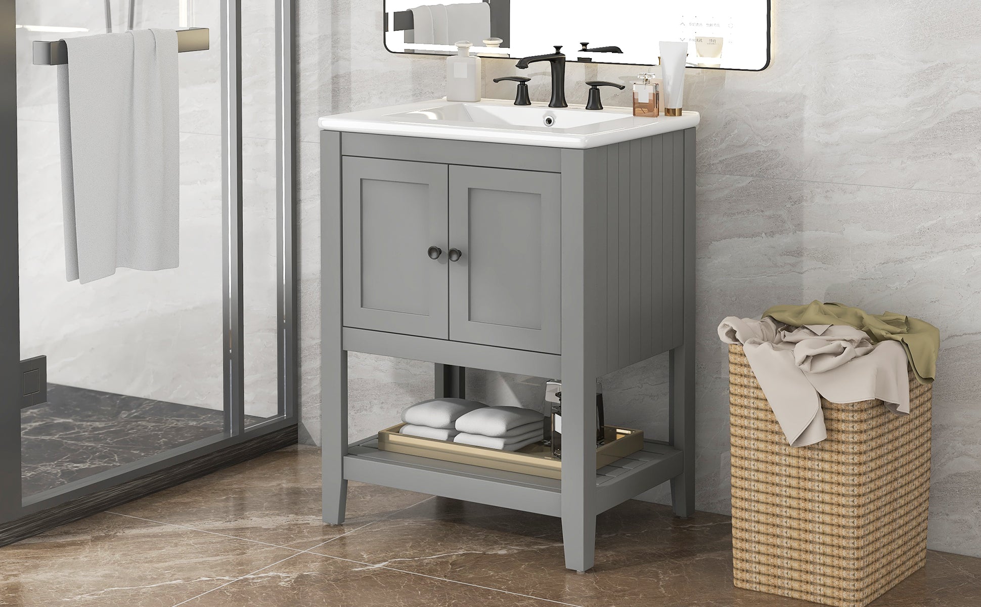 Video 24" Grey Modern Sleek Bathroom Vanity Elegant Ceramic Sink With Solid Wood Frame Open Style Shelf Grey Solid Wood