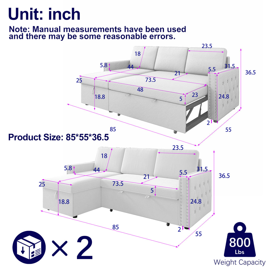 85 Inches Sofa Bed, 3 Seater Sleeper Sofa With Storage Chaise, Square Handrail With Pull And Copper Nail,Chenille, Pull Out Couch For Living Room Blue Chenille 3 Seat