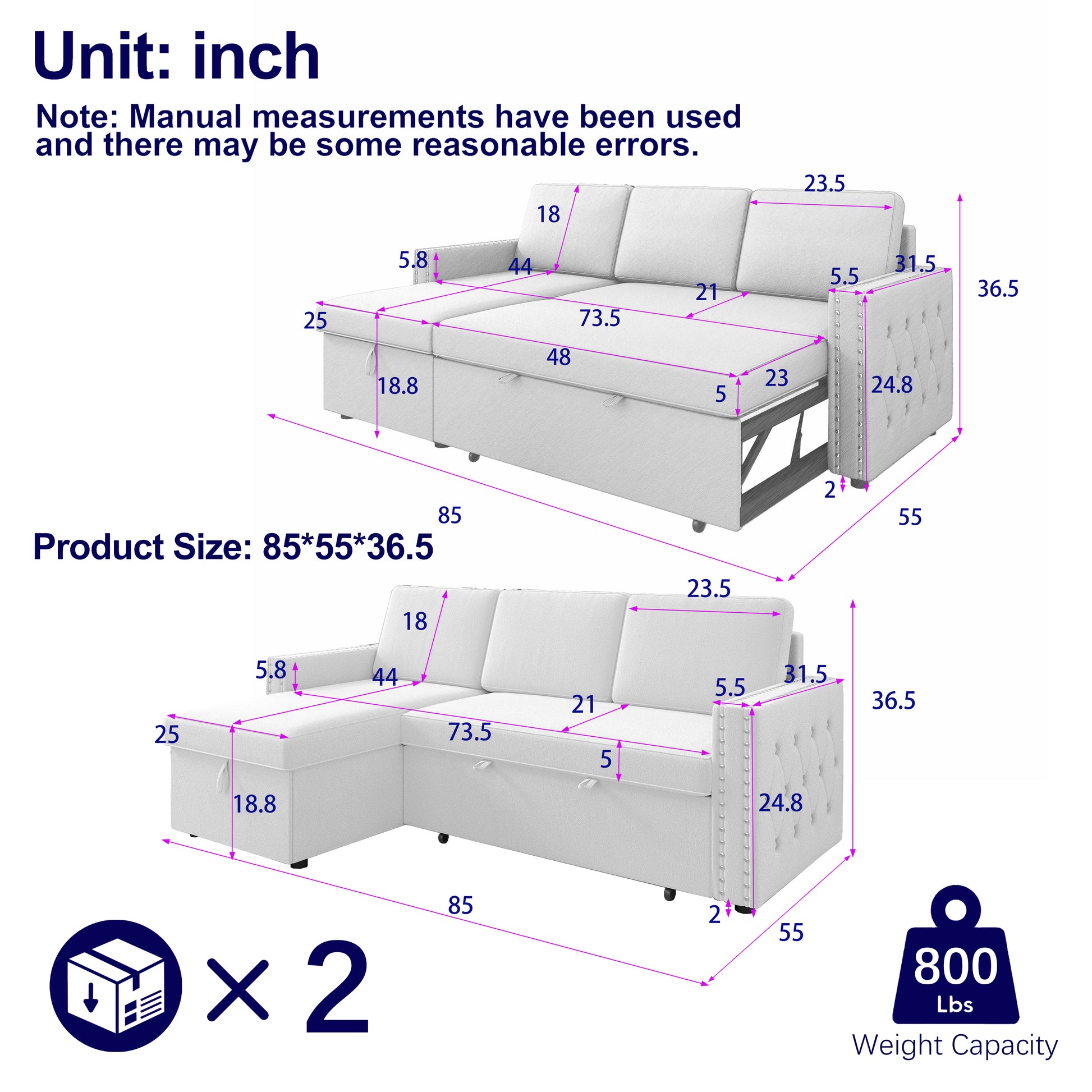 85 Inches Sofa Bed, 3 Seater Sleeper Sofa With Storage Chaise, Square Handrail With Pull And Copper Nail,Chenille, Pull Out Couch For Living Room Blue Chenille 3 Seat