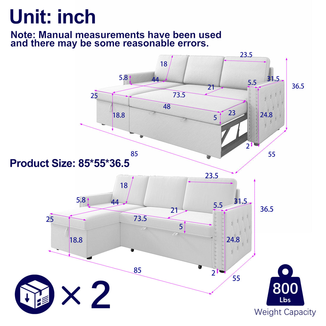 85 Inches Sofa Bed, 3 Seater Sleeper Sofa With Storage Chaise, Square Handrail With Pull And Copper Nail,Chenille Light Grey, Pull Out Couch For Living Room Light Grey Chenille 3 Seat