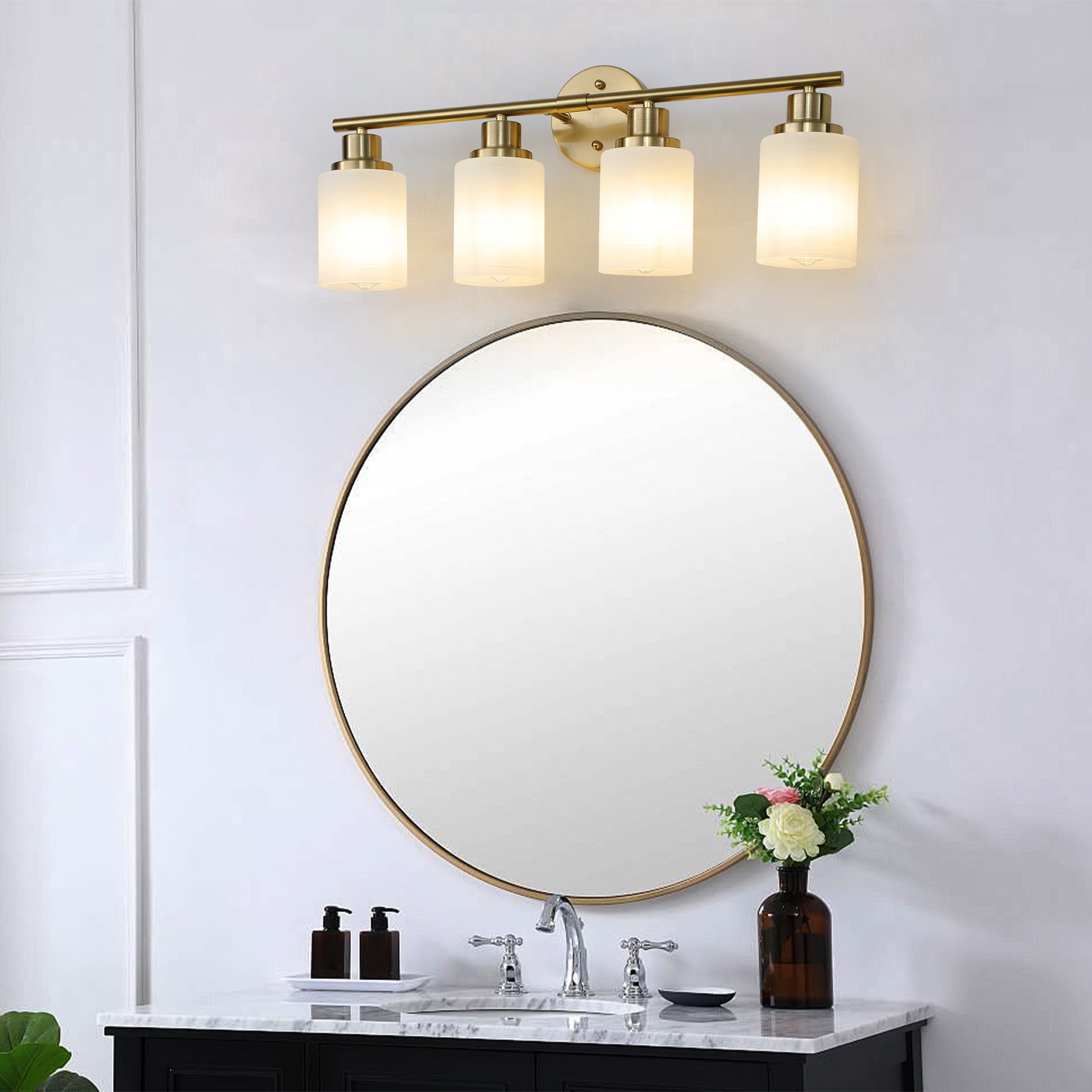 4 Light Golden Bathroom Vanity Light Fixture, Frosted Glass Shades, Modern Wall Mounted Lighting No Bulbs Golden Glass Iron