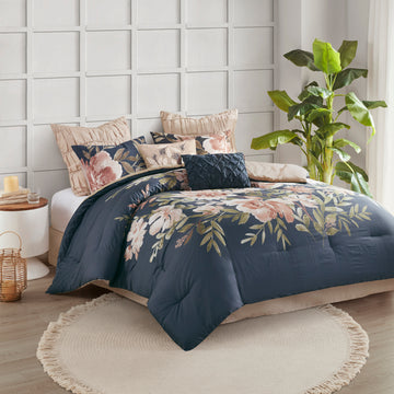 8 Piece Cotton Comforter Set Navy King King Navy Polyester