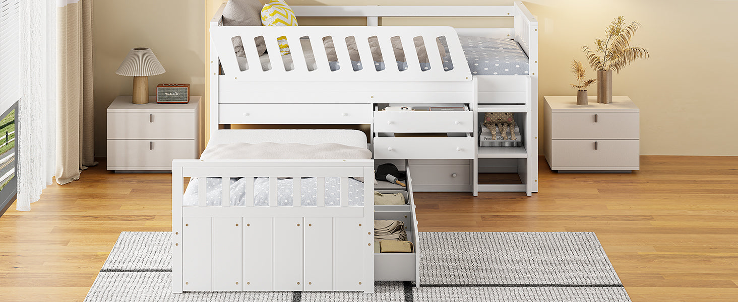 L Shaped Space Saving Twin Loft And Twin Platform Bed With 7 Drawers And Full Guardrails White Twin White Solid Wood