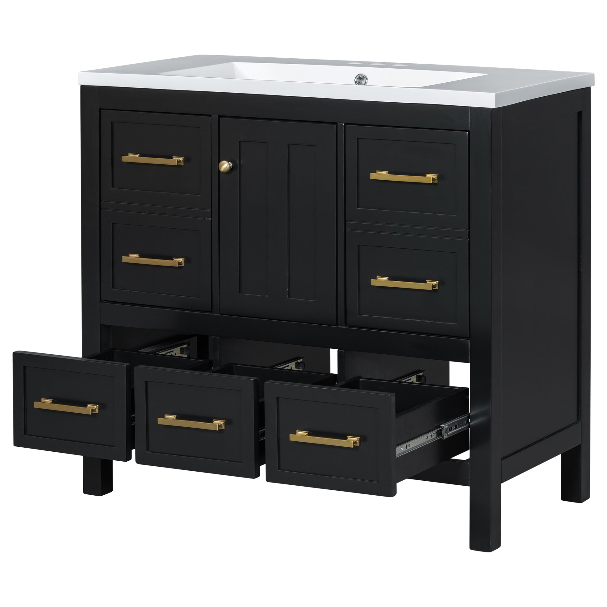 36'' Bathroom Vanity With Resin Sink Combo, Solid Wood Frame Bathroom Storage Cabinet, Freestanding Vanity Set With 5 Drawers& Soft Closing Doors Same As Sw000142Aab Black Bathroom Solid Wood Mdf Resin