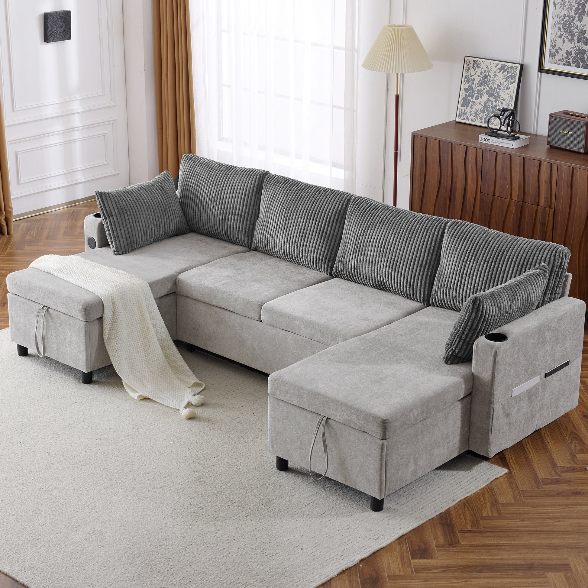 111.8" Sectional Sofa Pull Out Sofa Bed Versatile Sofa Sleeper With Large Storage Space, Two Usb Ports And Two Cup Holders For Living Room, Grey Grey Foam Chenille 4 Seat