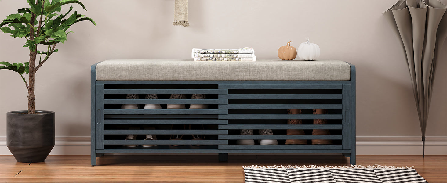 Distressed Shutter Storage Bench With Acacia Veneer For Retro Charm For Living Room, Entryway Navy Navy Mdf