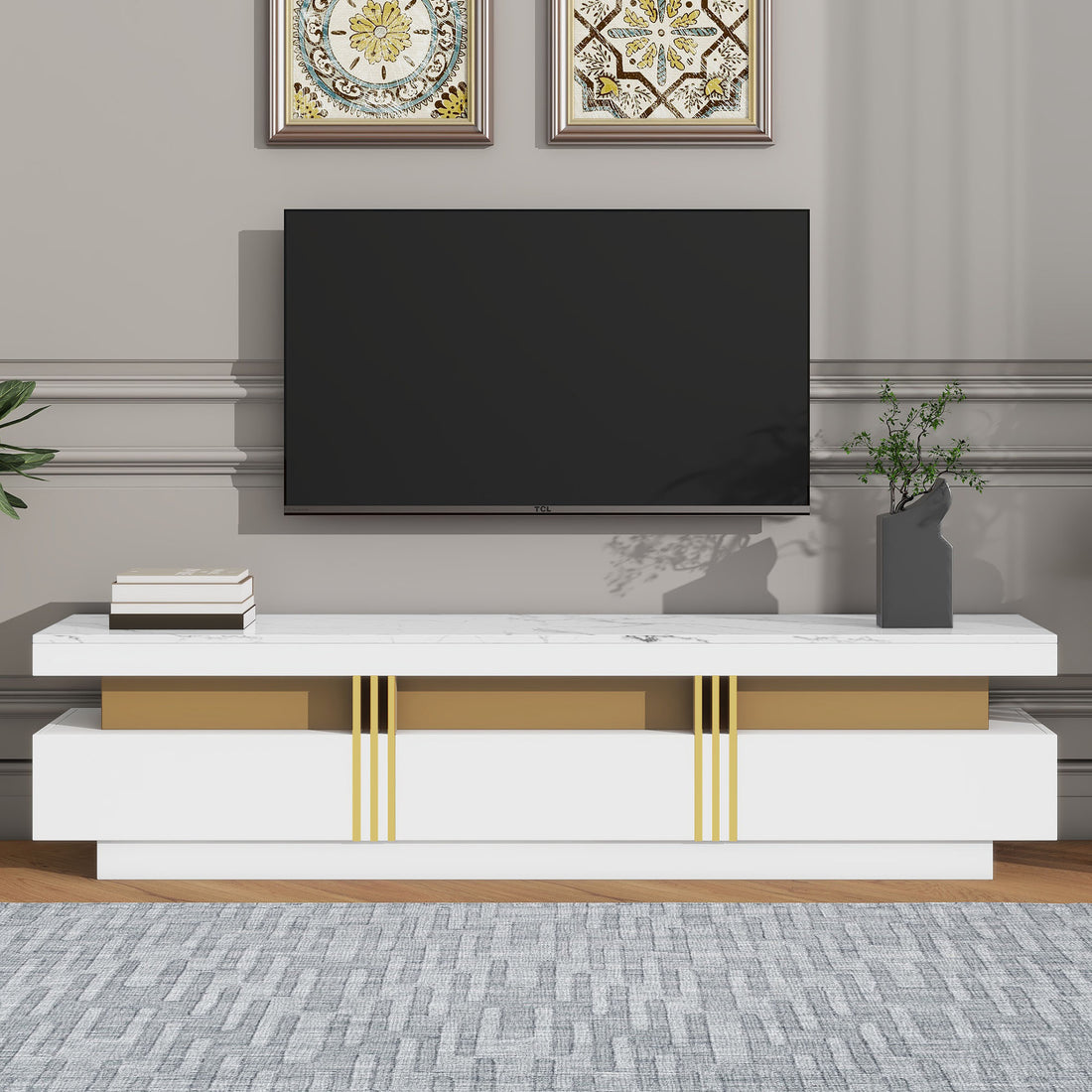 Luxury Tv Stand With High Gloss Faux Marble Top For Tvs Up To 78'', Rectangle Media Console With Golden Panel Design, Practical Entertainment Center With 3 Drawers For Living Room, White White Gold 70 79 Inches 70 79 Inches Mdf