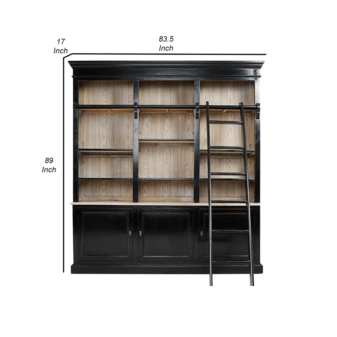 89 Inch Bookcase With Sliding Ladder, 3 Doors, 4 Adjustable Shelves, Black Black Gold Wood Metal