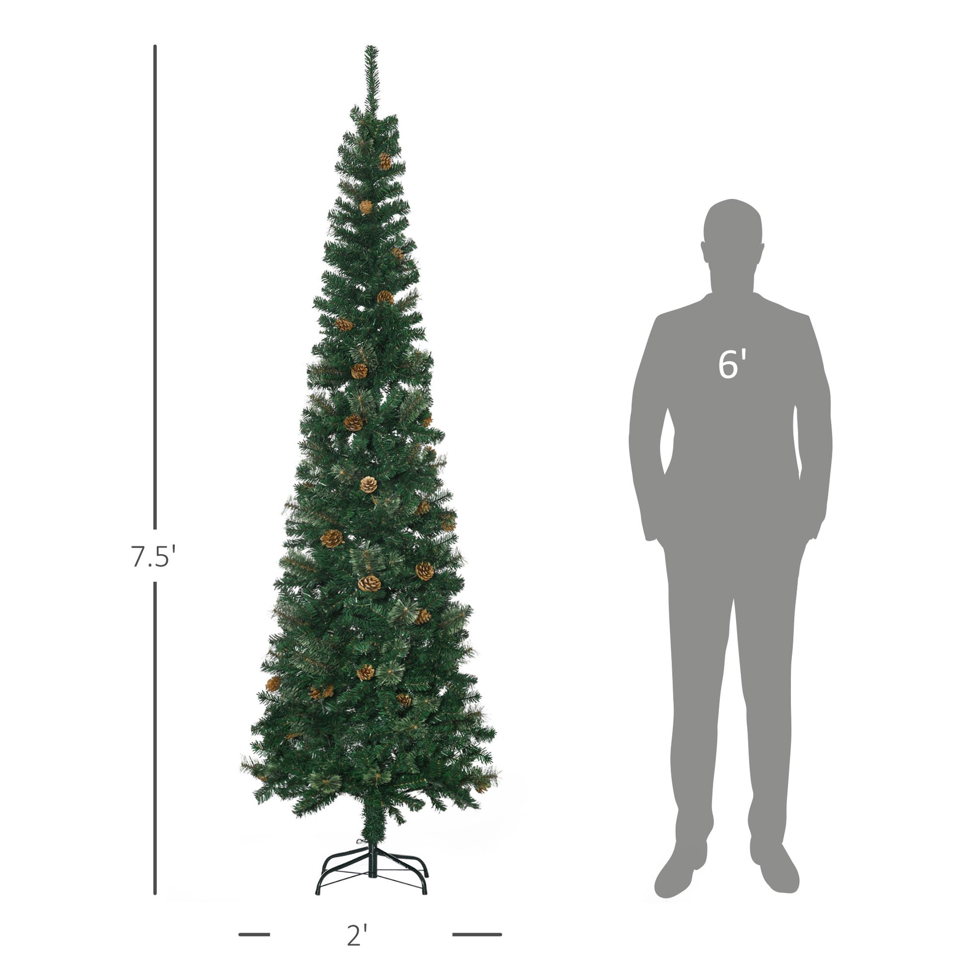 Homcom 7.5 Foot Pencil Artificial Christmas Tree, Slim Pine Needles Xmas Tree With Realistic Branches, Pine Cones, Metal Base, Green Green Plastic