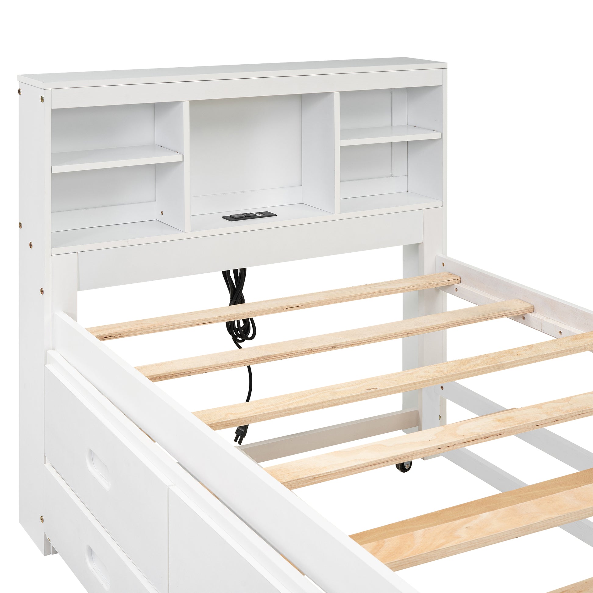 Twin Size Platform Bed With Storage Headboard, Usb, Twin Size Trundle And 3 Drawers, White Box Spring Not Required Twin White Wood Bedroom Bed Frame Solid Wood Mdf