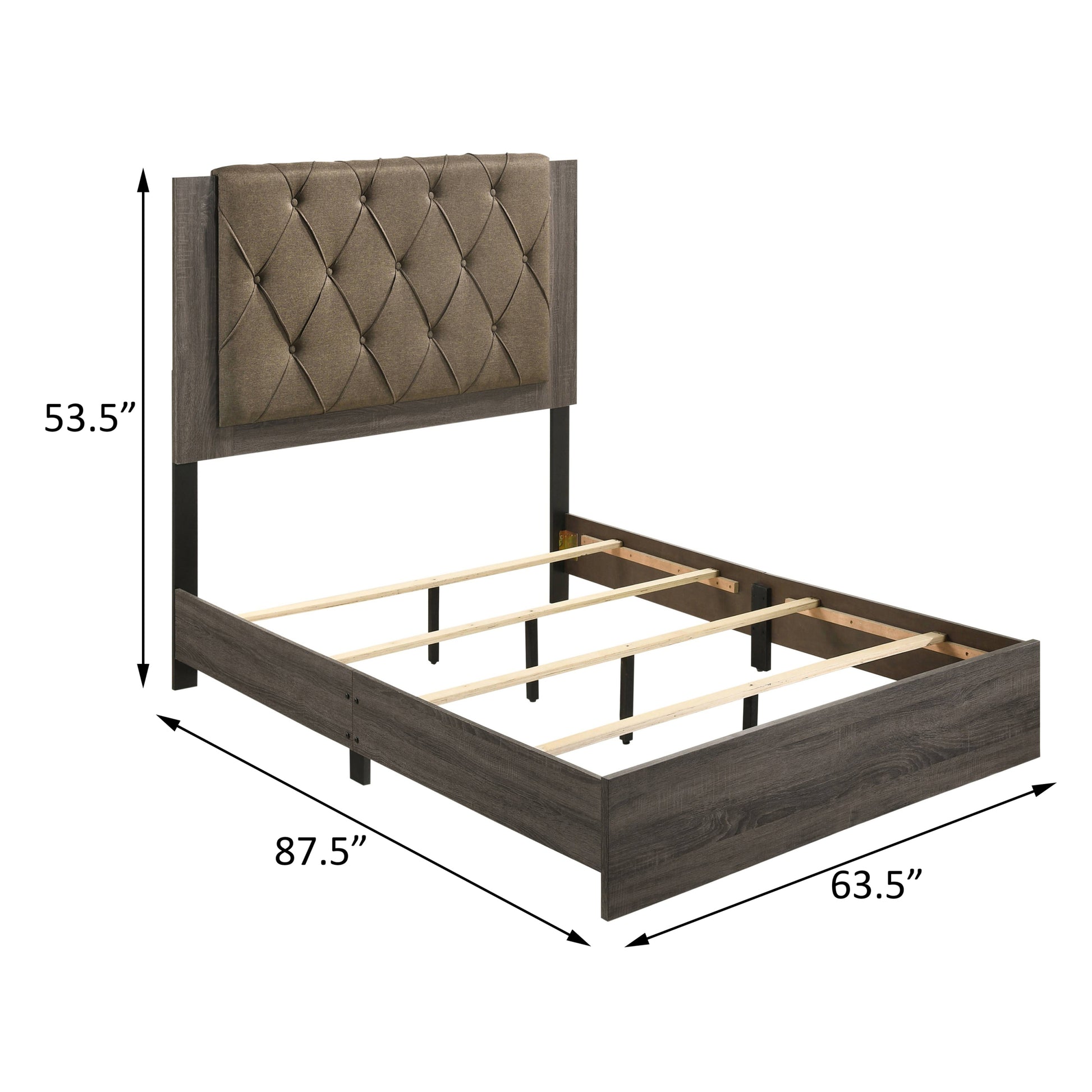 Brown And Rustic Grey Oak Tufted Queen Bed Box Spring Required Queen Brown Wood Bedroom Transitional Panel Wood Fabric