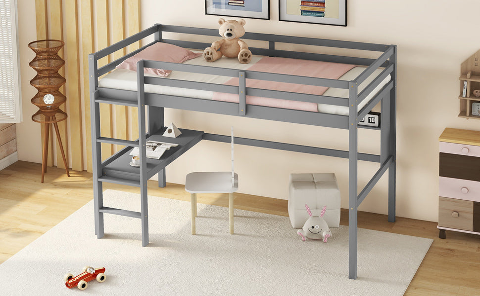 Twin Loft Bed With Built In Desk And Bookcase Of Three Compartments, Guardrails And Ladder,Grey Twin Grey Pine