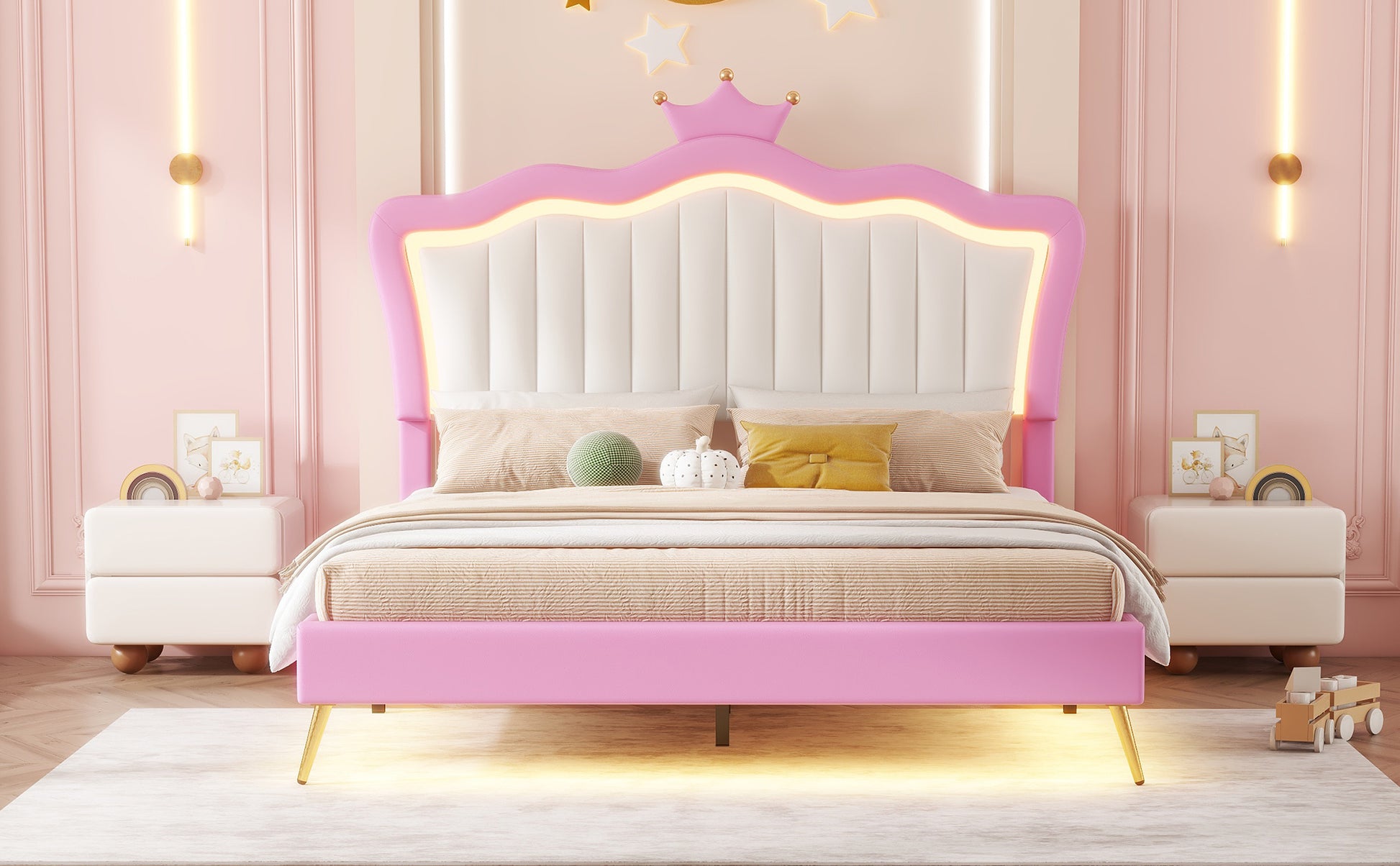 Full Size Upholstered Bed Frame With Led Lights, Modern Upholstered Princess Bed With Crown Headboard, Pink White Box Spring Not Required Full Pink White Wood Bedroom Modern Bed Frame Pu