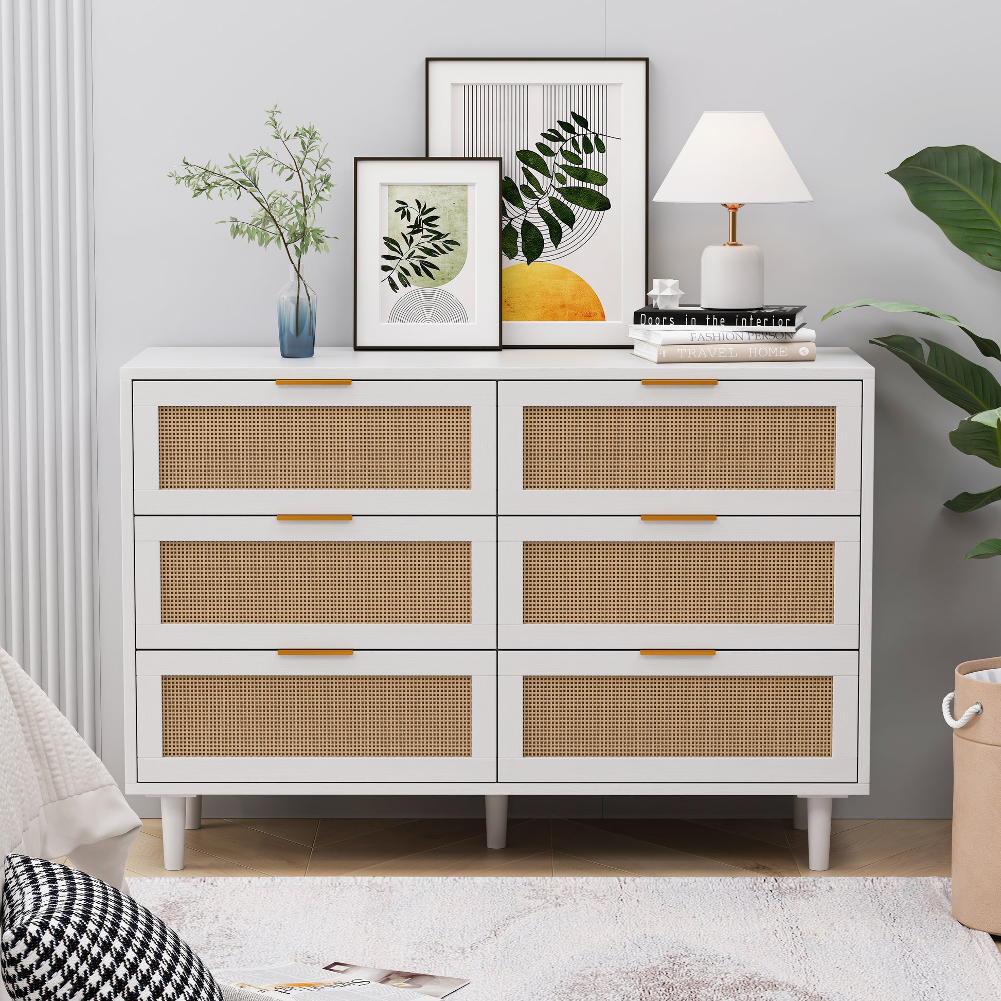 43.31"6 Drawers Rattan Storage Cabinet Rattan Drawer,For Bedroom,Living Room,White White Particle Board