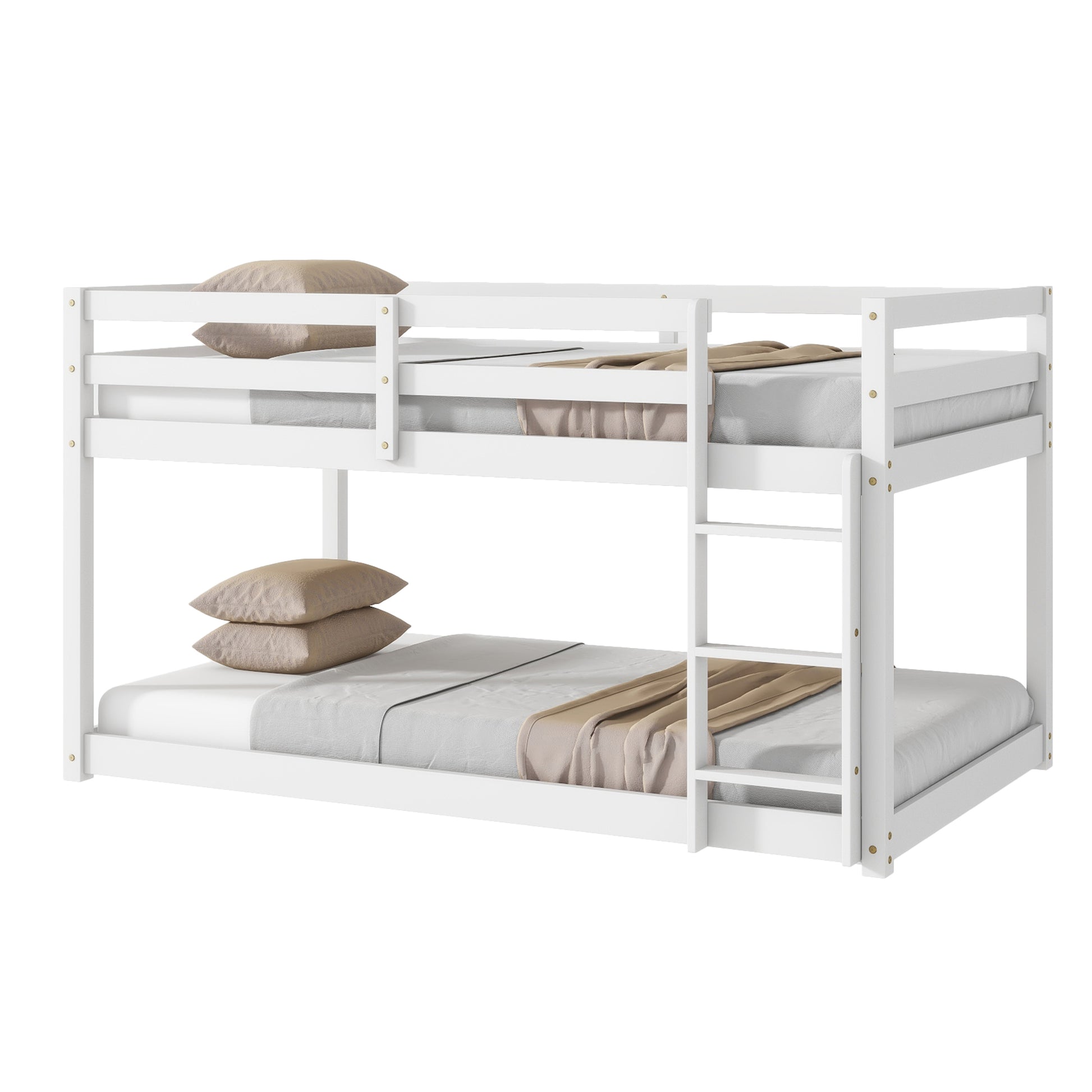 Solid Wooden, Solid Rubber Wooden Twin Over Twin Loft Bed With Ladder, With Bed Platform Of Strengthened Slats,White Twin White Rubber Wood