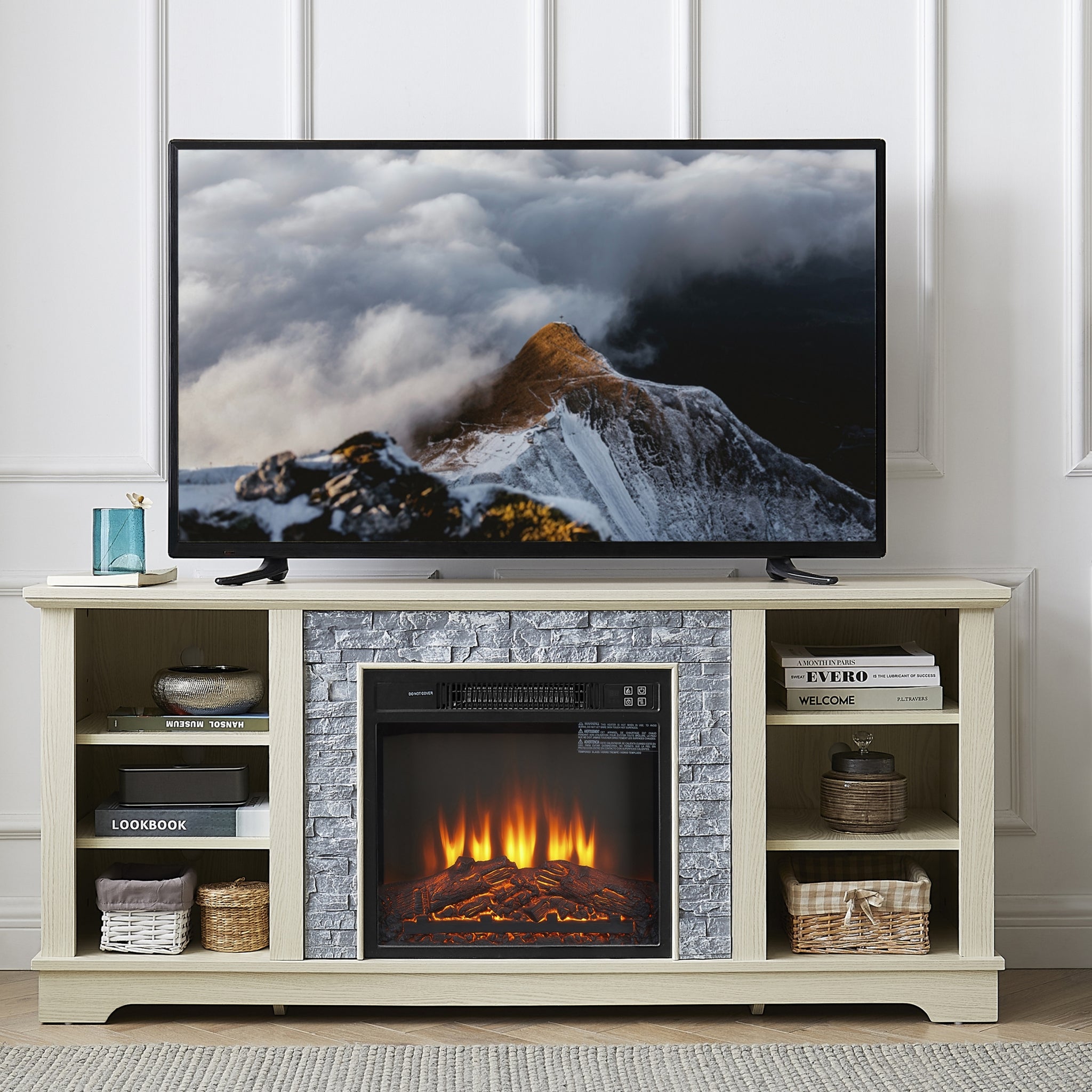 Mantel Electric Fireplace Stone Tv Media Stand, Open Storage Modern Entertainment Console Space With 18" Fireplace Insert, White, 58.31"W*15.39"D*26.06"H White 60 69 Inches Mdf