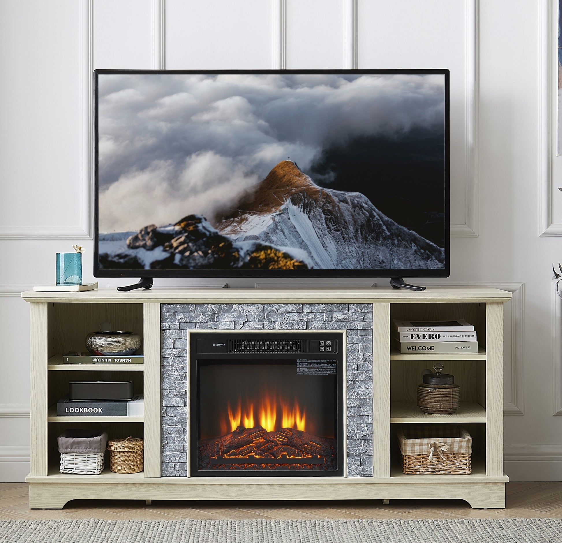 Mantel Electric Fireplace Stone Tv Media Stand, Open Storage Modern Entertainment Console Space With 18" Fireplace Insert, White, 58.31"W*15.39"D*26.06"H White 60 69 Inches Mdf