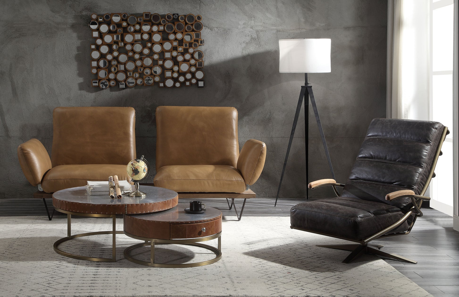 Aluminum And Cocoa Storage Coffee Table Brown Gold Primary Living Space Drawers Round Leather Sled